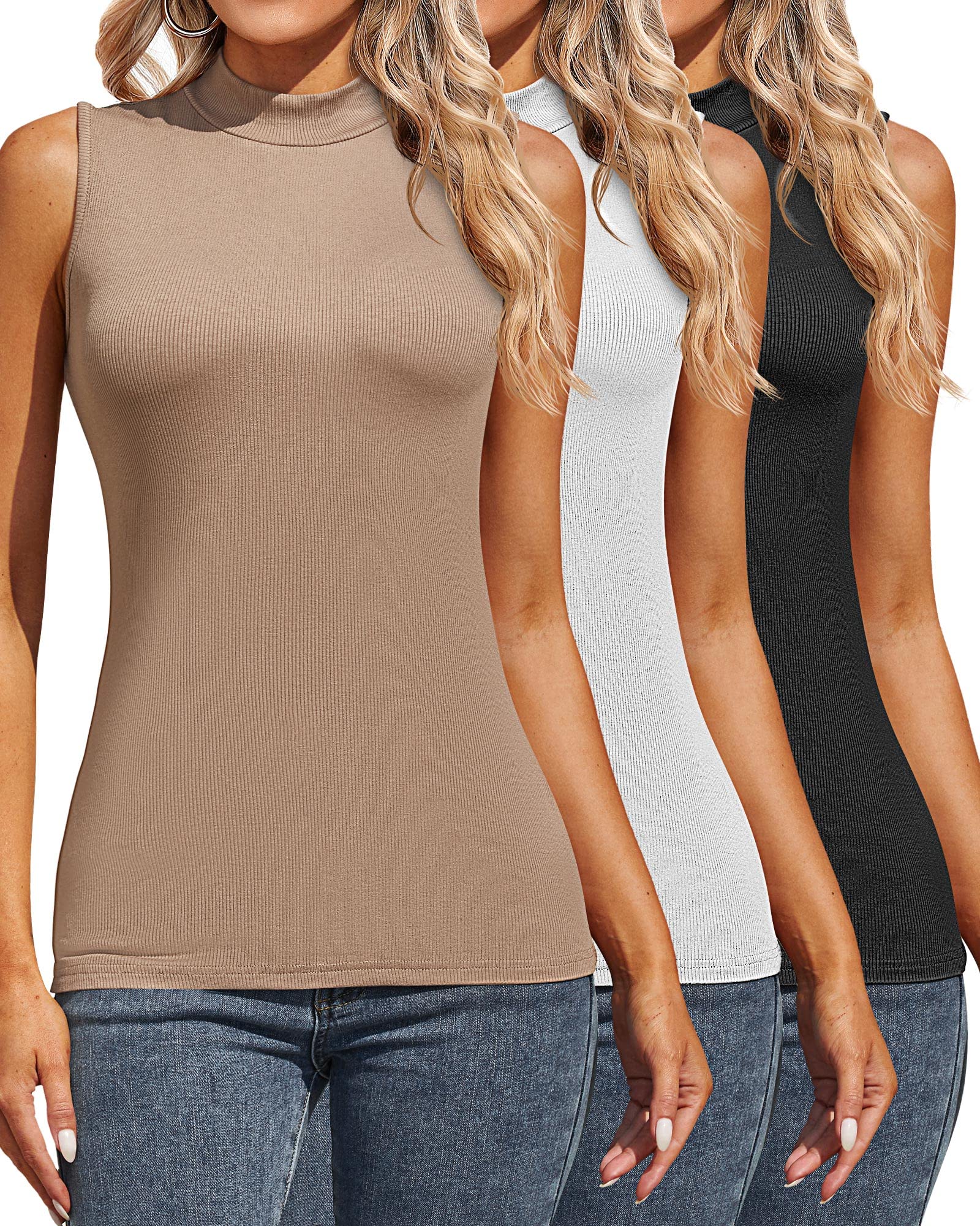 Xaatren3 Pieces Women's Sleeveless Mock Turtlenecks Shirts, Stretch Slim Fitted Tops Basic Lightweight Tee for Layer