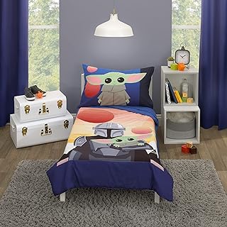 Star Wars The Mandalorian and The Child Grogu Blue, and Yellow, and Orange Din Djarin Twin Suns 4 Piece Toddler Bed Set - Comforter, Fitted Bottom Sheet, Flat Top Sheet, and Reversible Pillowcase