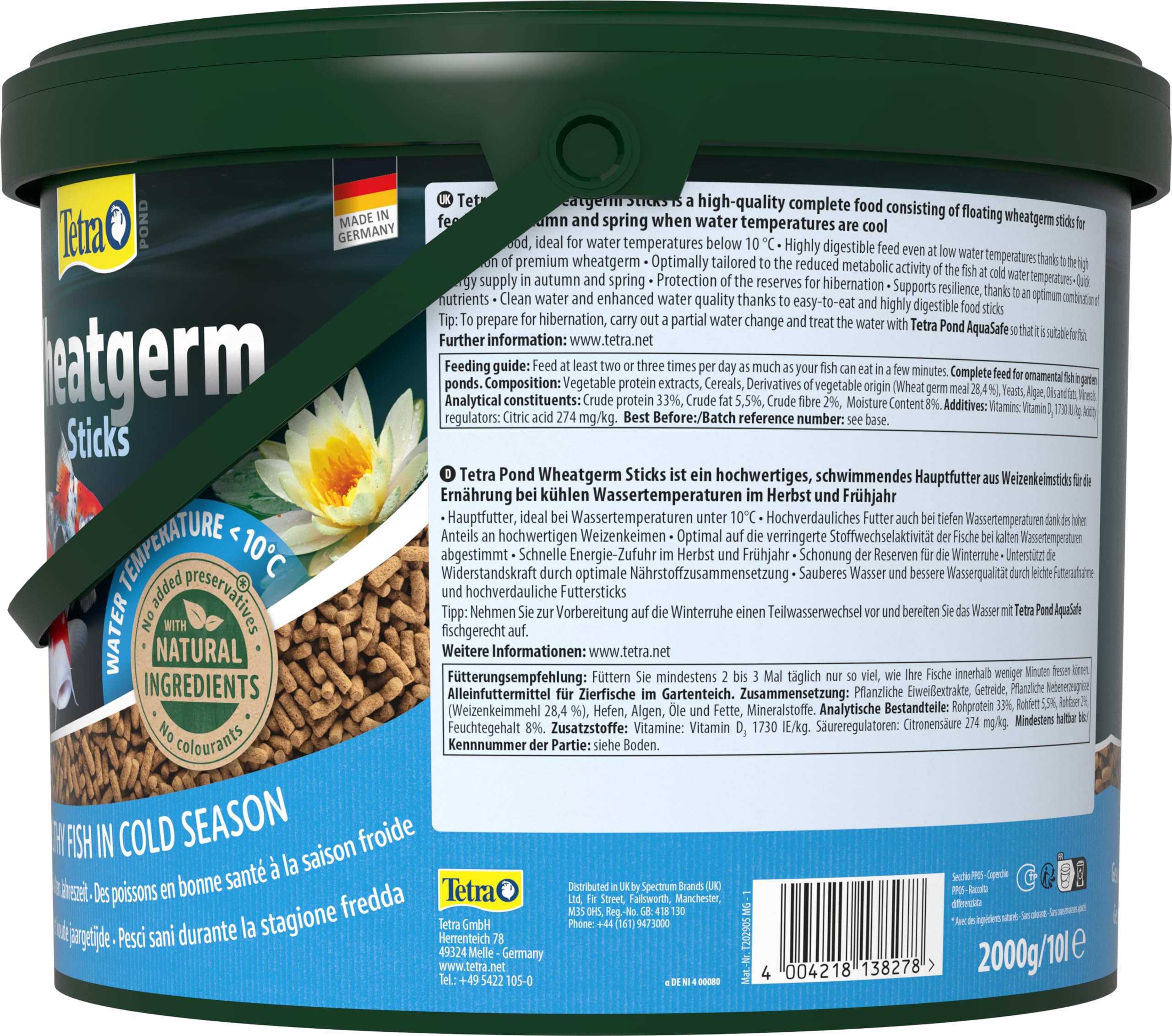 Tetra Pond Wheatgerm Sticks - Ballaststoffreiches Fischfutter für alle Teichfische, besonders geeignet bei kühlen Wassertemperaturen im Teich (Frühling / Herbst), 10 L Eimer