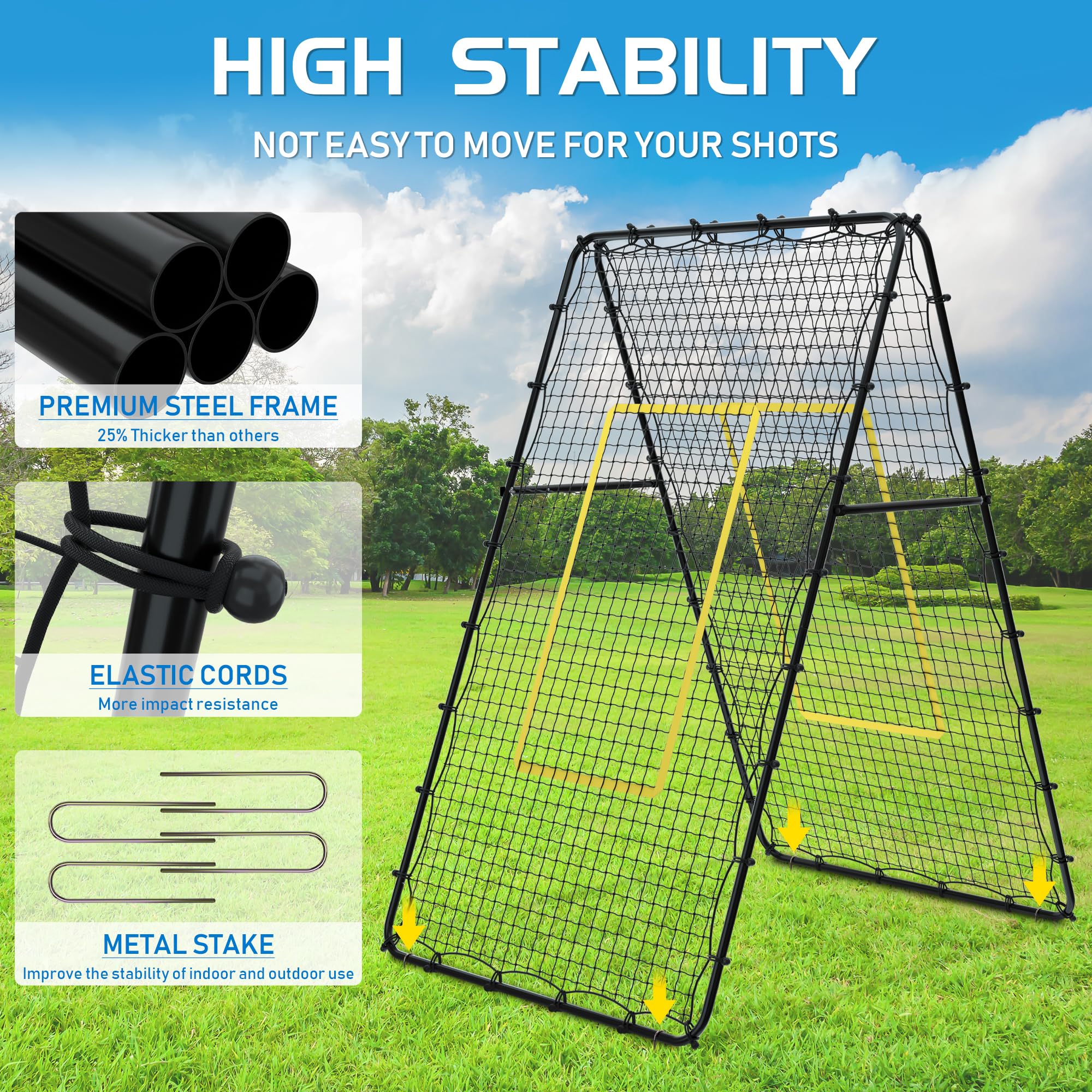Jolitac Doppelseitiges Volleyball Rebounder Net, Trainingsgerät Rückprallwand Netz mit Schlag-Zone, Double Sided Rücksprungnetz for Volleyball Fußball Baseball Lacrosse Tennis 213x122cm