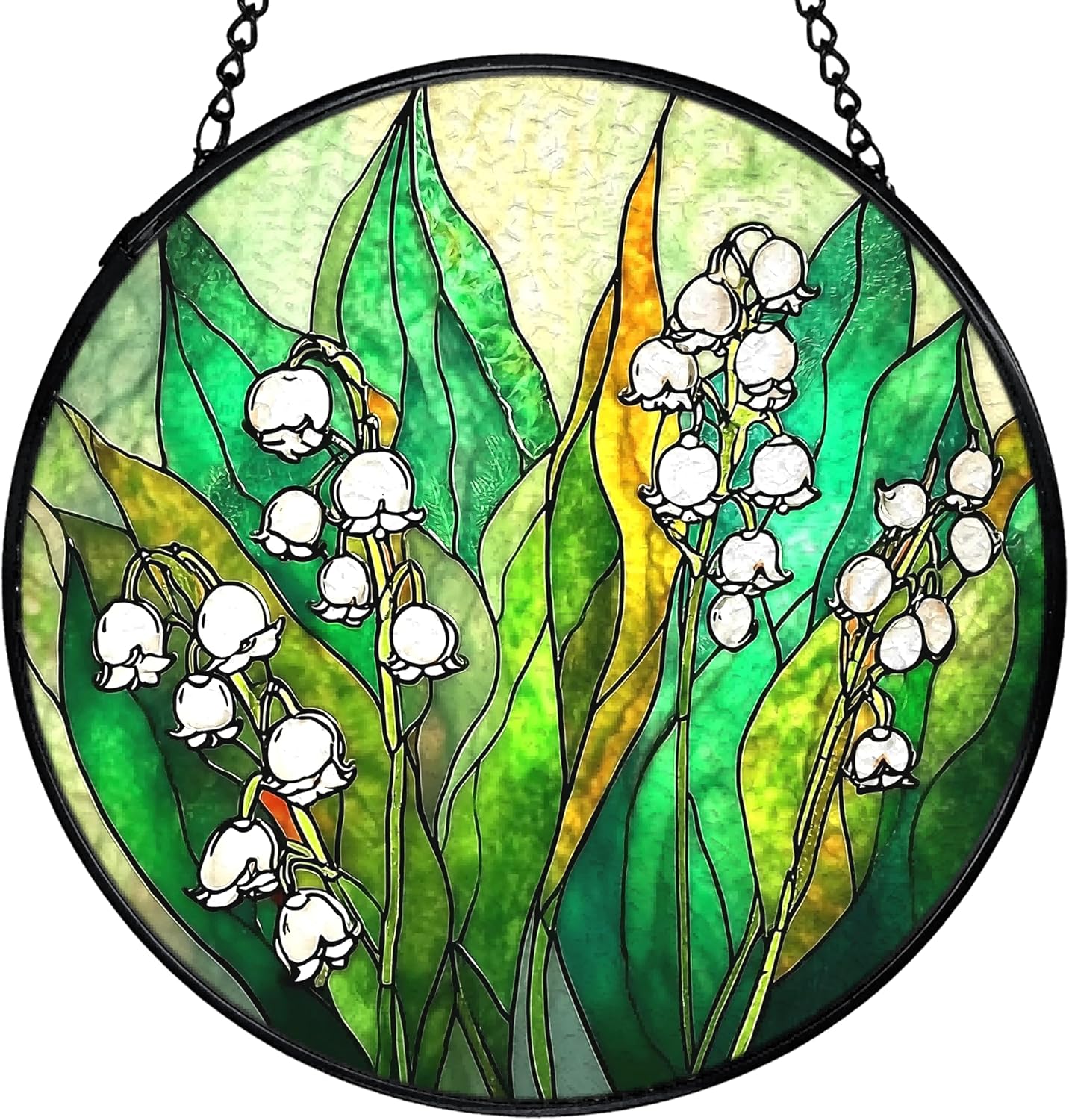 Lily of The Valley Suncatchers Stained Glass Window Hanging, Lily of The Valley Flower Sun Catchers Indoor Window Glass Round Wall Decor, Floral Botanical Wall Hanging Decorations, 7.9x7.9in