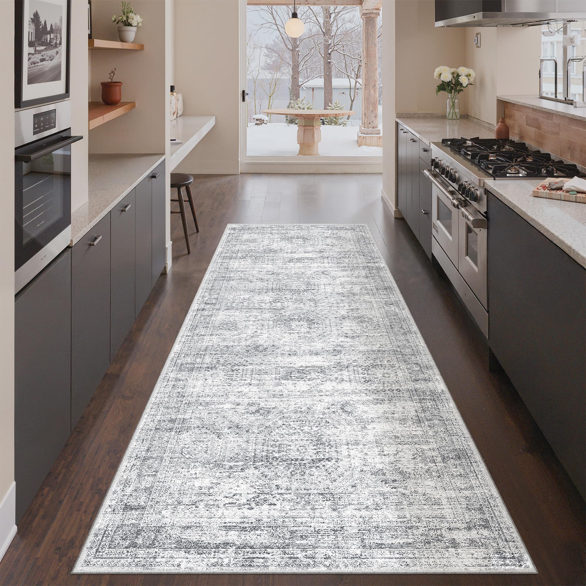 Restydon 3x8 Runner Rug Non Slip Washable for Entryway, Vintage Hallway Runner for Front Porch, Laundry Room, Bedroom, Abstract Stain Resistant Thin Indoor Kitchen Mats for Floor(3'x8', Grey/Ivory) — image 1