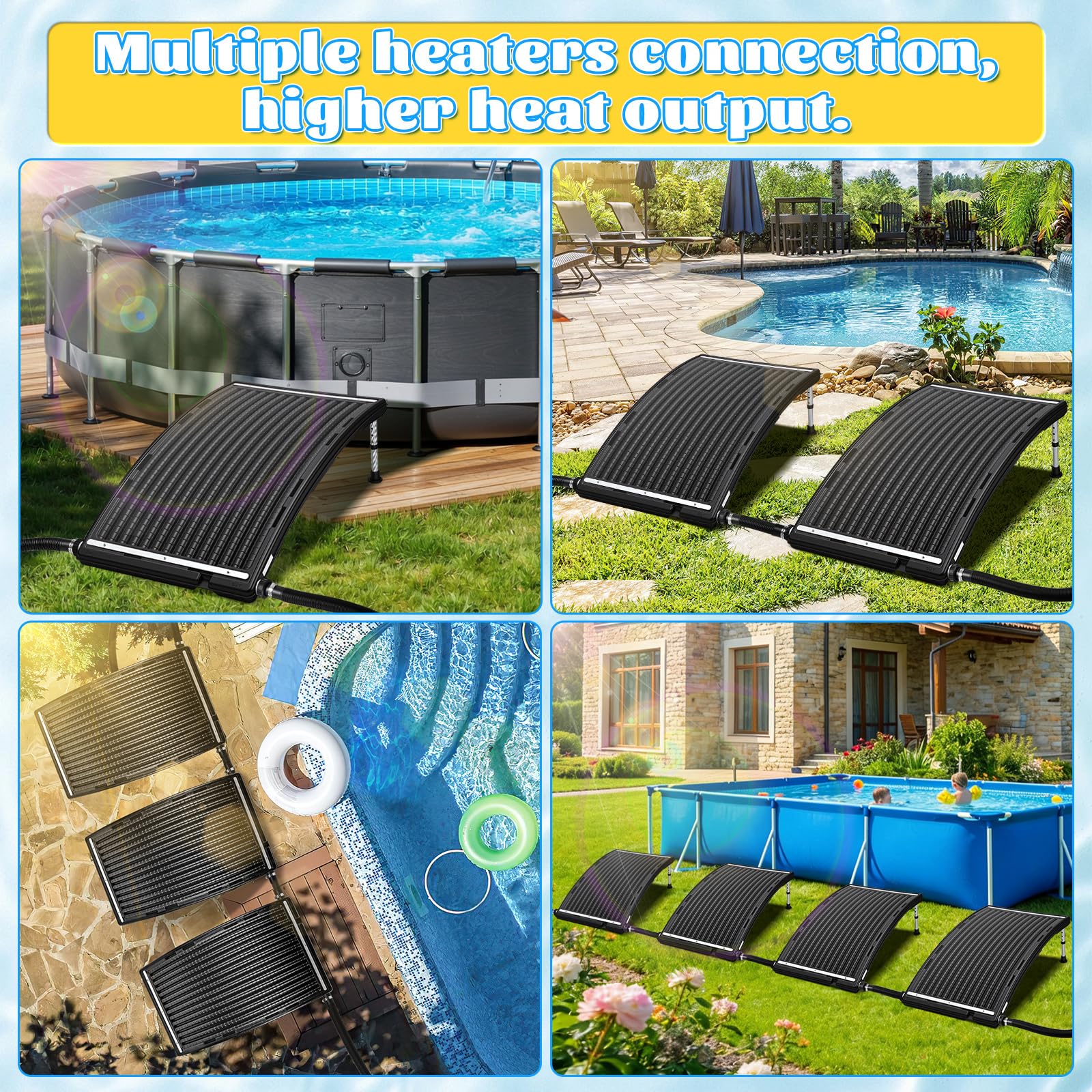 Calentador solar de piscina mejorado 2026, con pies de apoyo ajustables en altura, calentador de agua solar para piscinas sobre el suelo y enterradas, incluye 2 adaptadores, 2 mangueras y