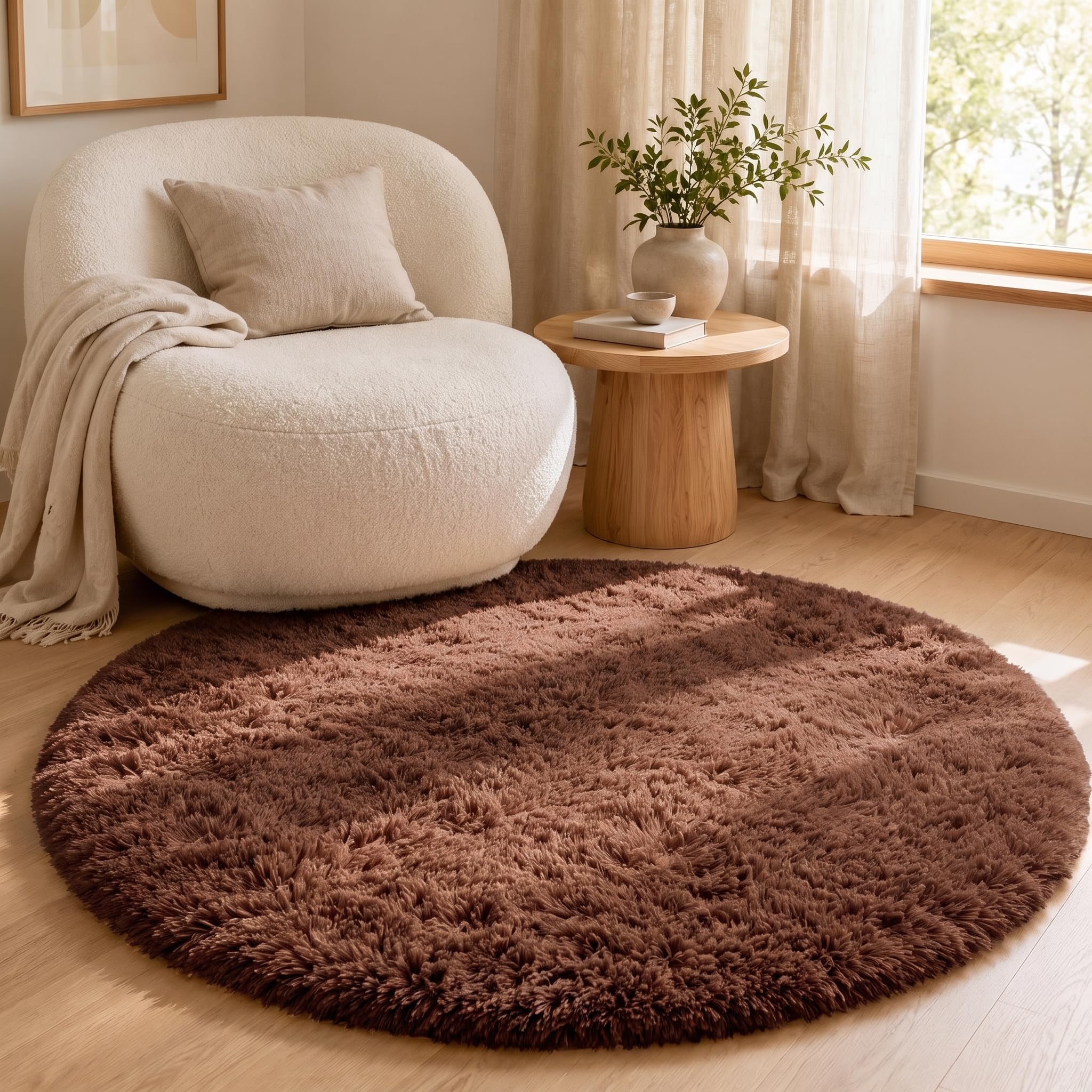 BEIMO 120cm Brown Fluffy Round Rug, Faux Fur for Living Room Home Indoor — image 1
