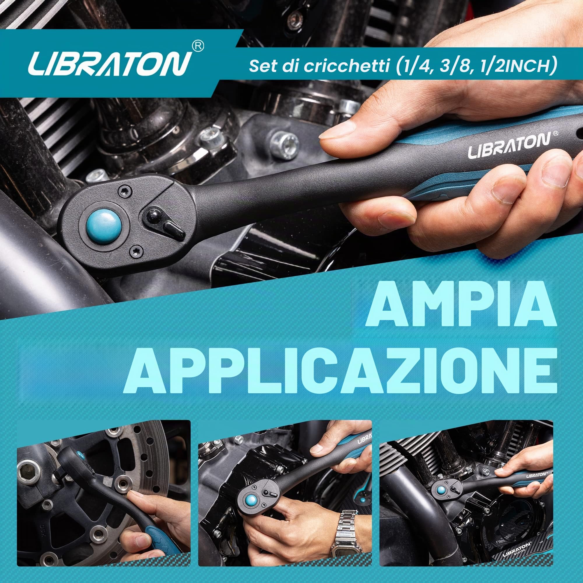 LIBRATON Cricchetto reversibile, Set di 3 chiave a cricchetto 1/4", 3/8", 1/2", impugnatura a cricchetto sgancio rapido a 72 denti, con organizer in EVA