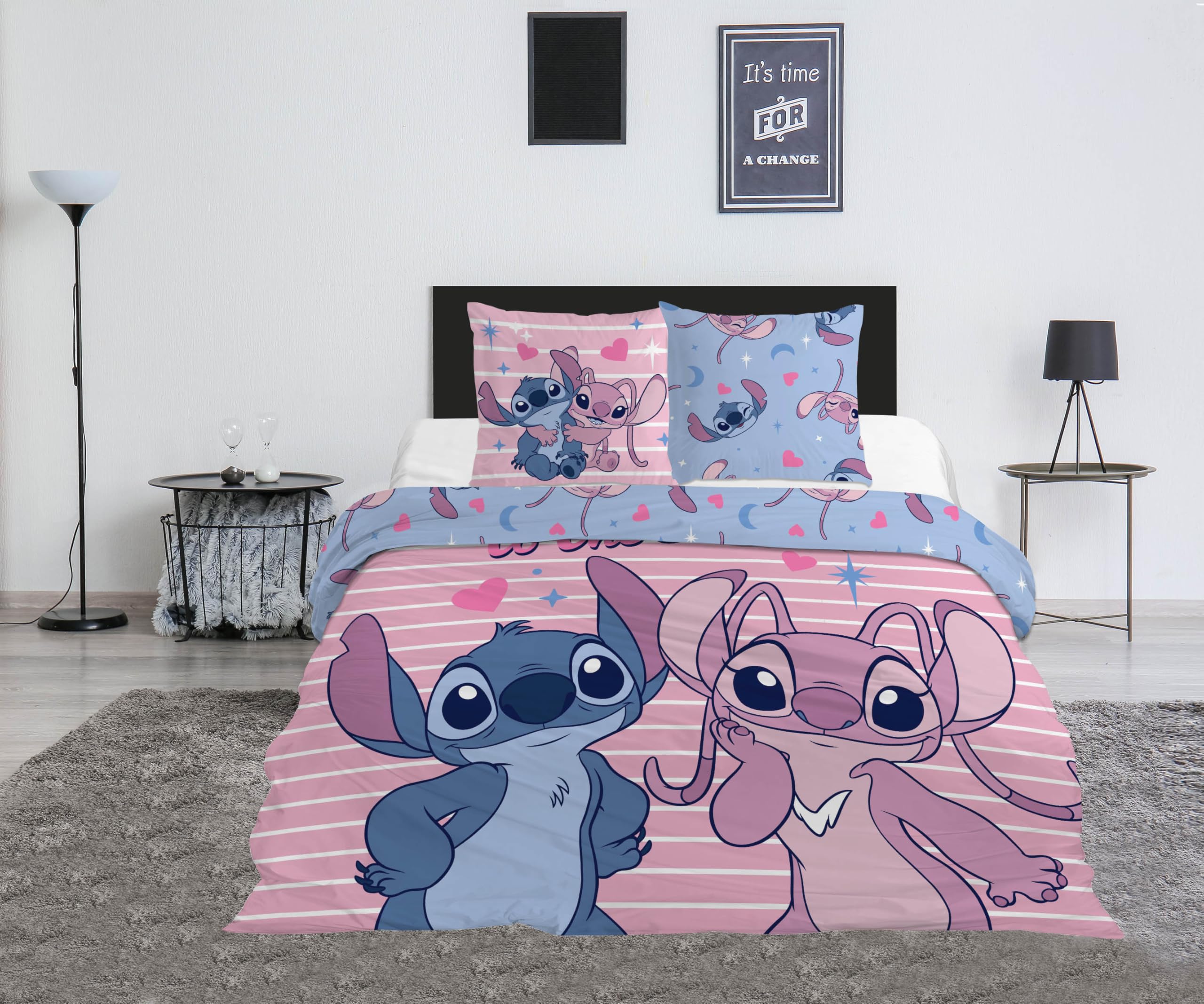 Stitch Angel Love Stars Funda Nórdica Cama 150 240x220 + 2 Fundas Almohada | Ropa de cama 2 personas reversible | Polialgodón secado rápido Oeko-Tex | Disney | Botones | Regalo pareja | Idea regalo