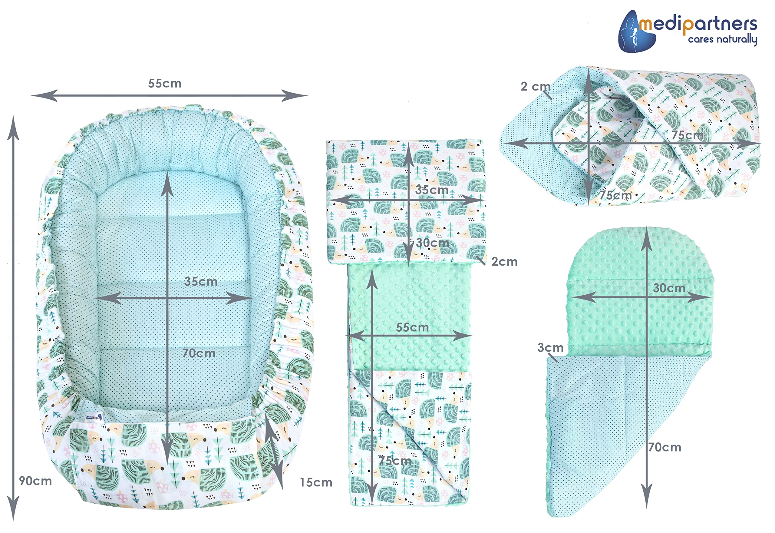 Medi Partners 5-Parti Nido per Bebè 100x60x15 Inserto Rimovibile Letto Cuscino Coperta bambini neonati 100% Cotone (Ricci con Menta Minky)
