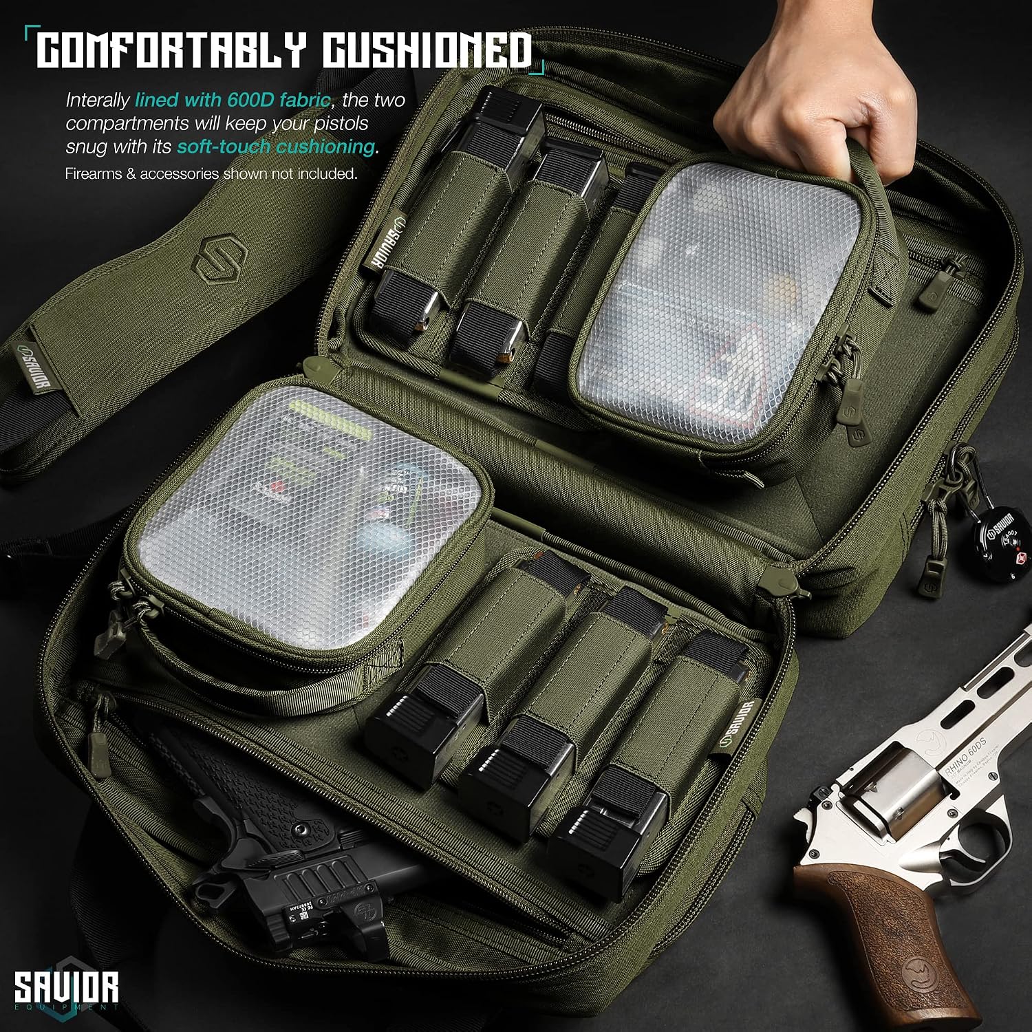 Condition photo showing New/Like New for savior equipment specialist series tactical double scoped handgun firearm case pistol bag for outdoor hunting shooting range, lockable compartment, additional magazine storage slots olive drab green 13" x 9" x 8.75" range bag