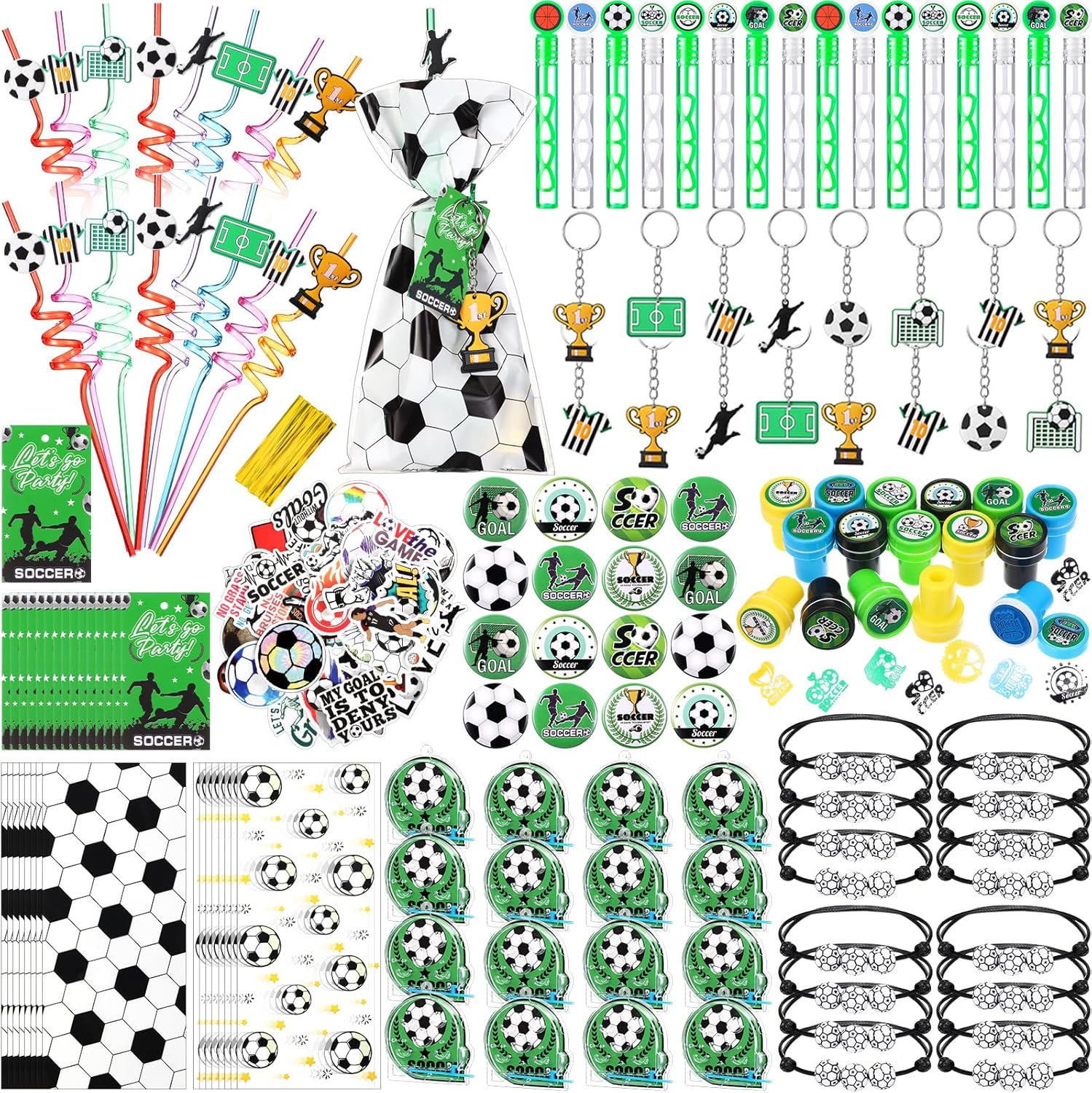 293 Pcs Soccer Party Favors with Ball Bracelets Mini Pinball Mini Bubble Wands Straws Keychains Badges Stickers Stamps Gift Bags Tags for Birthday Themed Party Sport Supplies