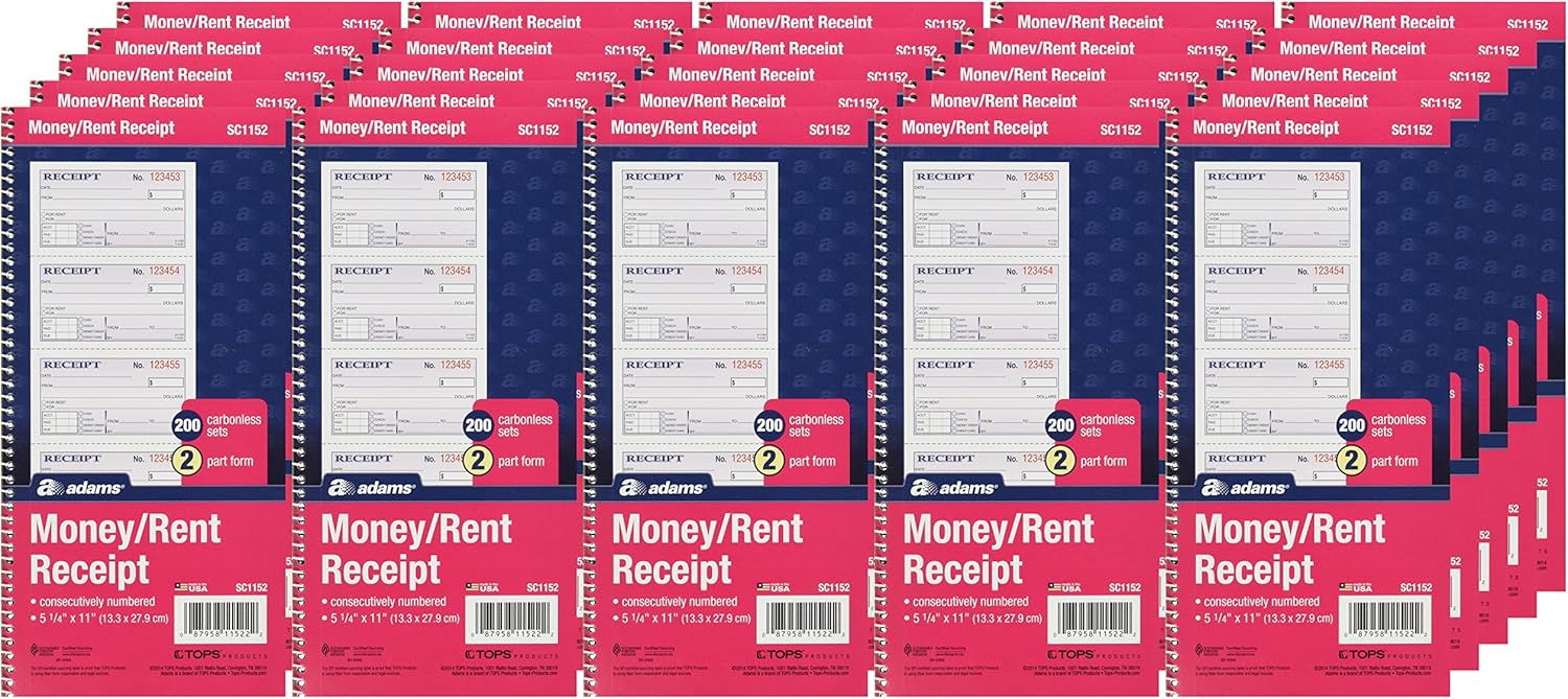 Adams Money and Rent Receipt Book, 2-Part Carbonless, 5-1/4" x 11", Spiral Bound, 200 Sets per Book, 4 Receipts per Page (SC1152) (Pack of 25)