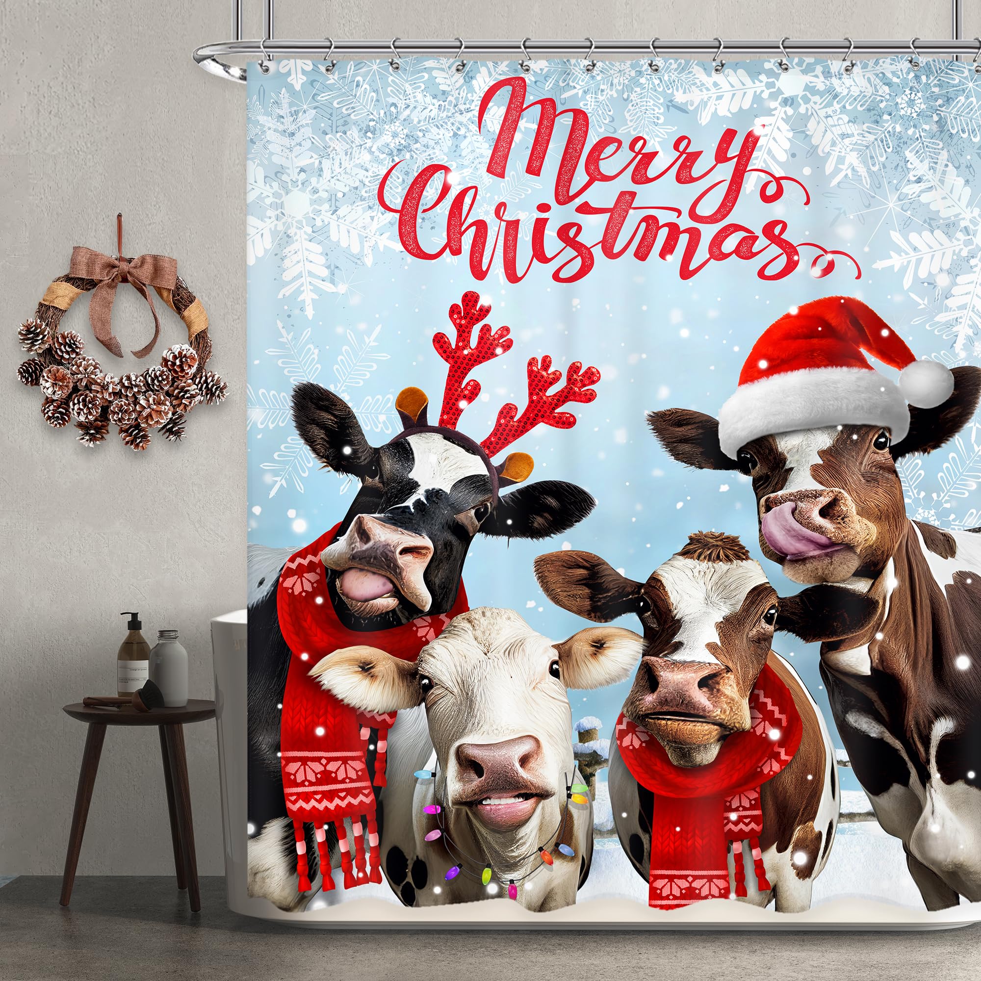 Newsely Merry Christmas Shower Curtain 60Wx72H Inch Xmas Funny Cow Western Animal Snowflake Shower Curtain Bathroom Set Winter Holiday Happy New Year Waterproof Bath Decoration Accessories Home Decor — image 1