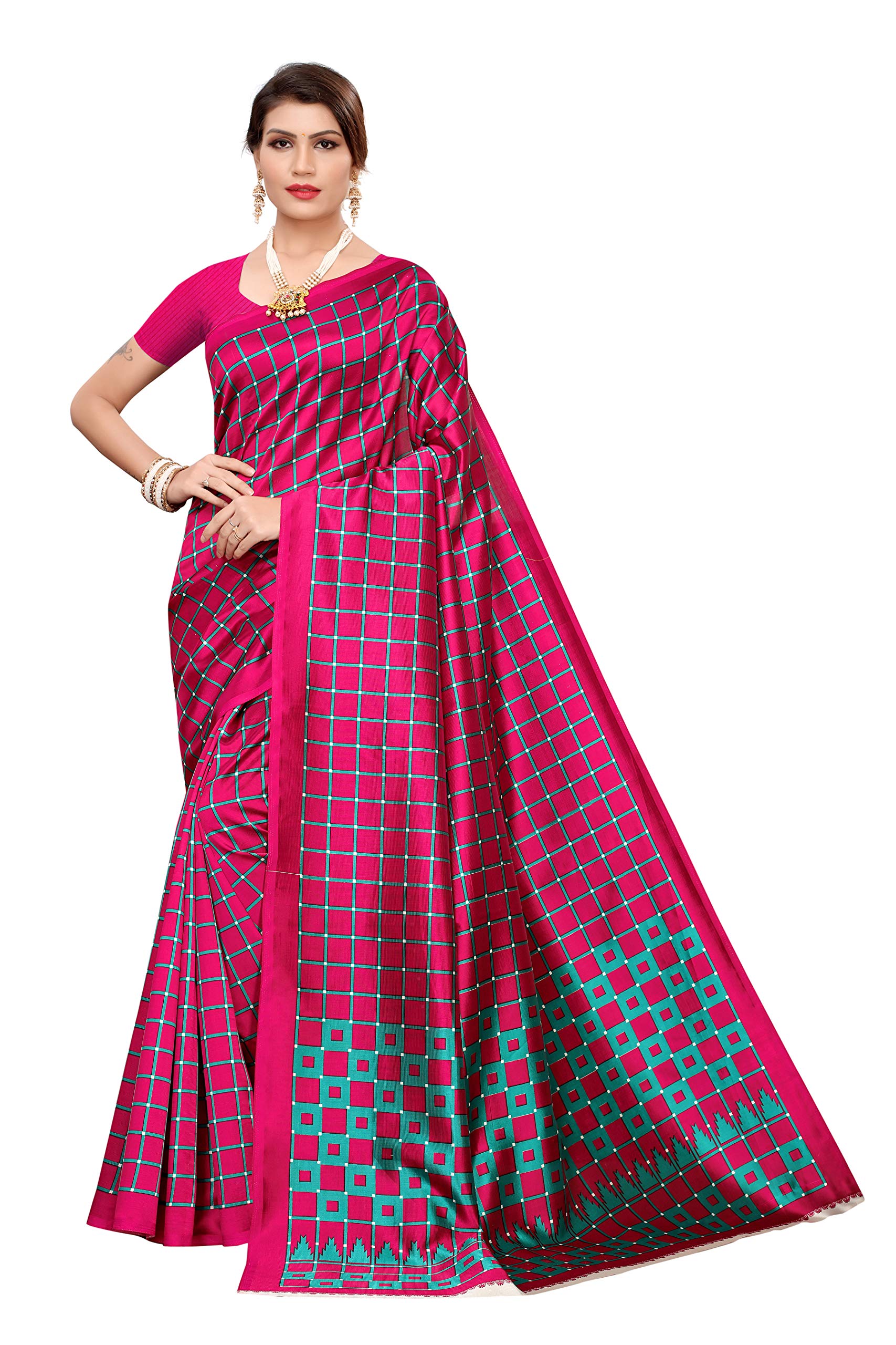 VRUTI FASHION Women's Silk Saree with Blouse Piece (Pink & Turquoise)