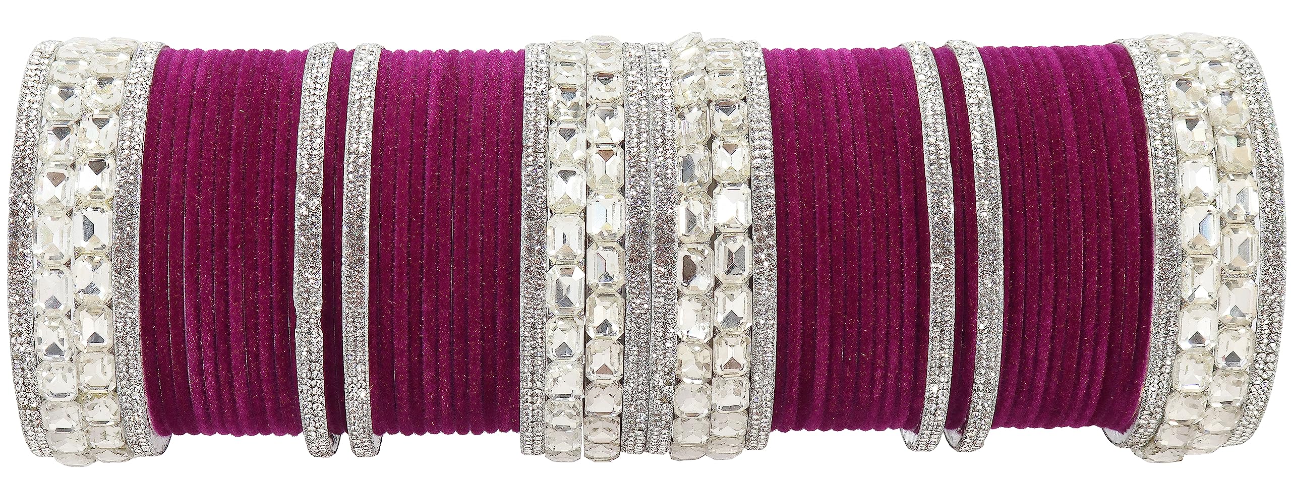NMII Metal with Zircon Gemstone and Velvet Adorned Bangles Set For Girls and Women I Traditional Bangle Set, Wedding Bangle Set I Pack of 68 Bangles, (NM_Chuda93-Biscuit_Silver-Purple-2.4 Inches) (B0C93WGV1N) Amazon Price History, Amazon Price Tracker