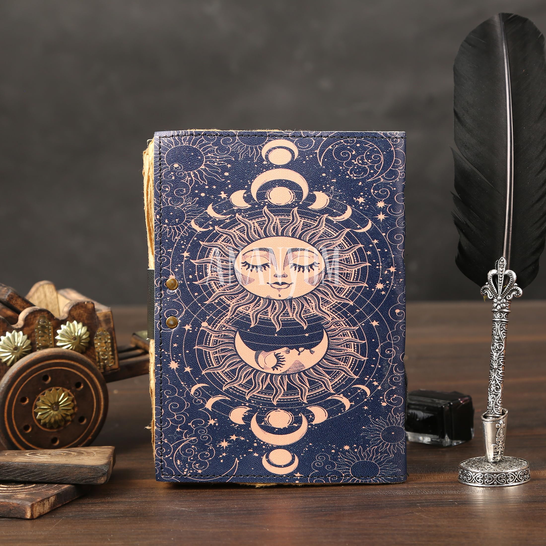 ANANYOM Handmade Leather Journal,Royal Blue,Sun & Moon Vintage Leather Notebook Diary Sketchbook,Brass Clasp Lock Journal for Men & Women,Journal Deckle EdgeUnruled 200 Pages,Size 7 (L) x 5 (W) inches - Image 3