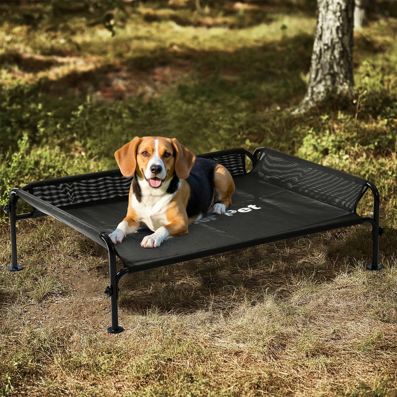 Gardner Pet Letto Rialzato per Cani Taglia Grande e Media, Brandina Traspirante da Esterno e Interno, Cuccia Estiva Resistente ai Graffi per Cani, Struttura in Metallo Robusta-(Nero, M)