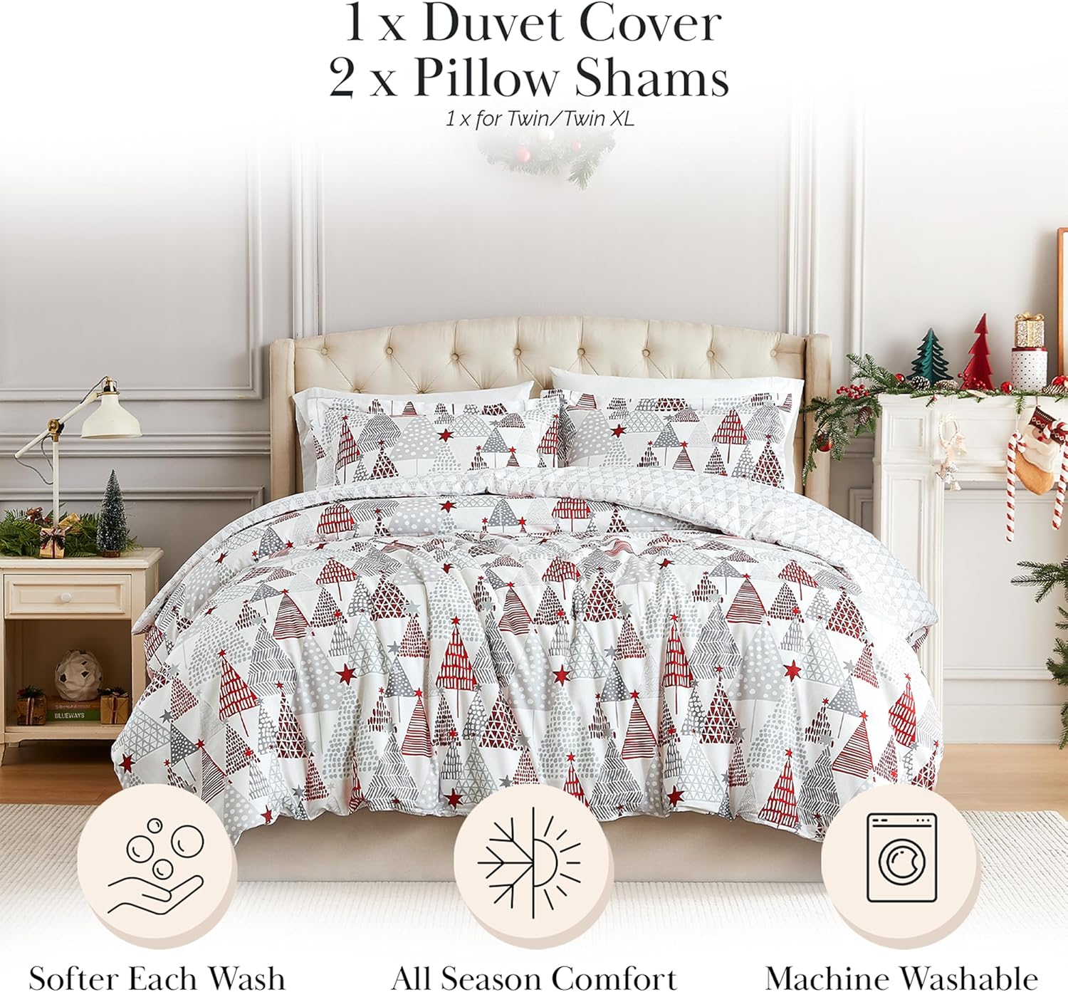 Southshore Fine Living, Inc. Christmas Bedding King/California King Duvet Cover with 2 Pillow Shams, Reversible Holiday Bedding Set, 2-Sided King Comforter Cover, Christmas Tree Print - Image 4