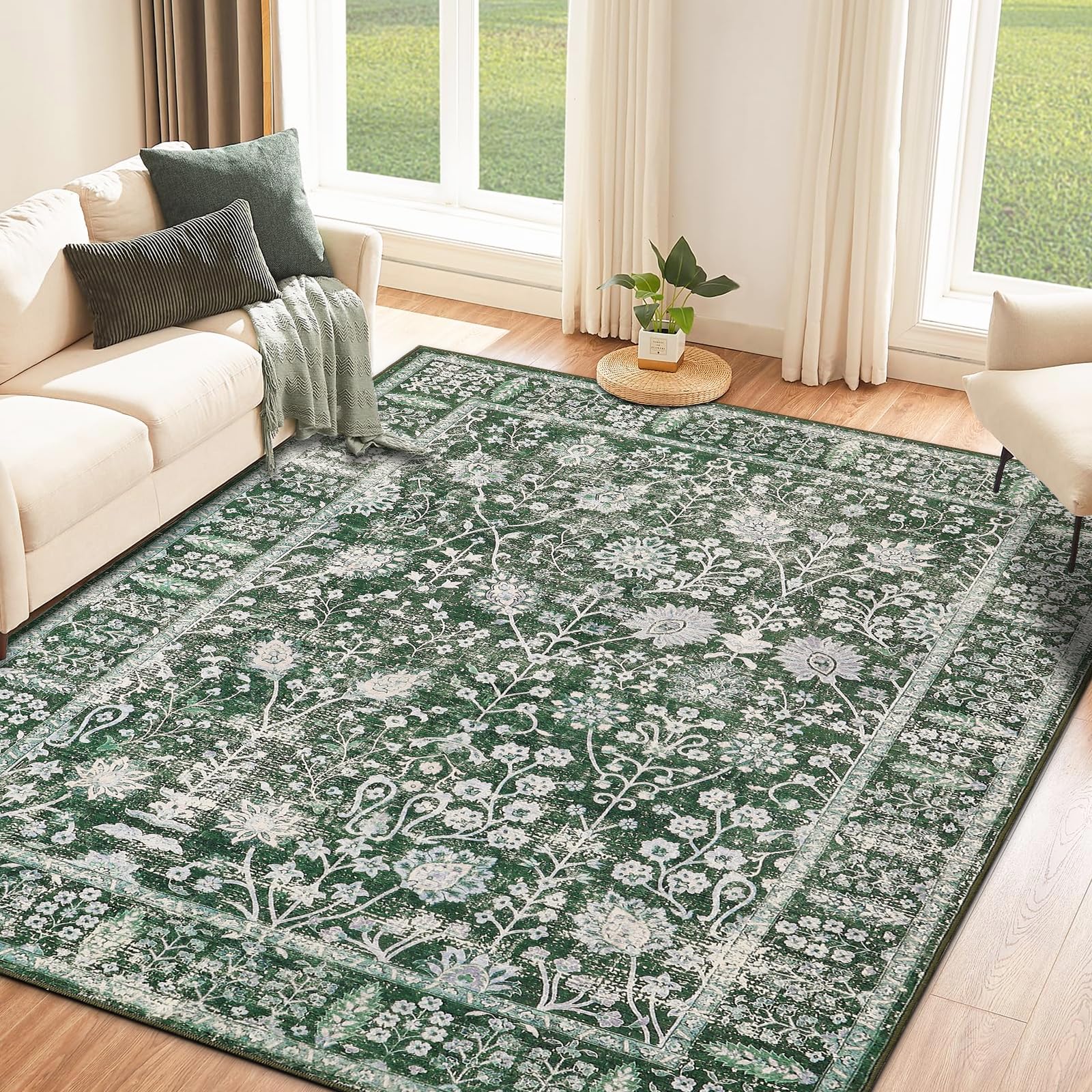 Waschbarer Teppich Blumenmuster 160x230cm Blumen Boho,teppich wohnzimmer | Neutral Modern Rugs ,Waschbarer Teppiche Rutschfester Kurzflor Carpet für Schlafzimmer Esszimmer Büro
