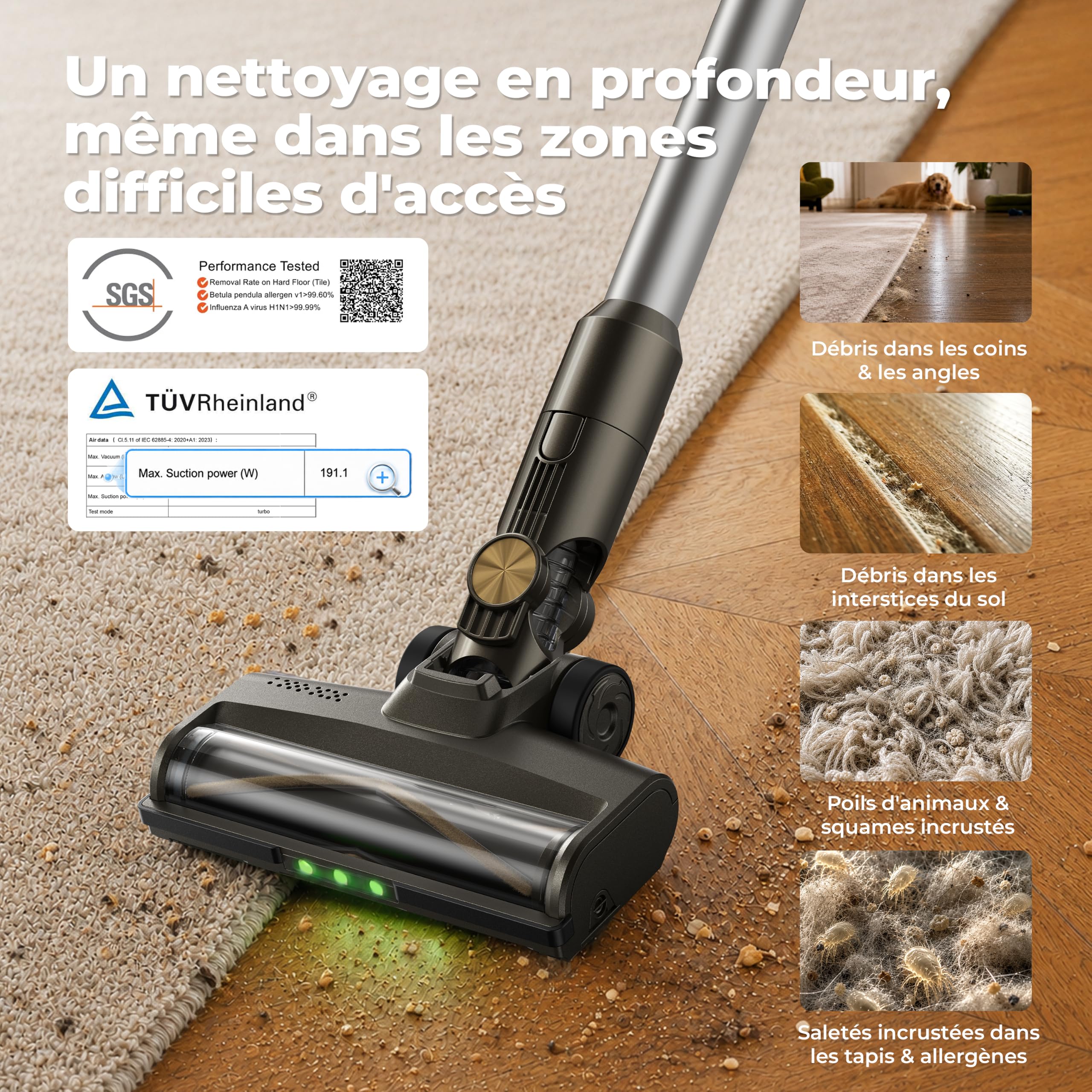 HP20 Aspirateur sans Fil certifié TÜV 180 AW, H13 HEPA, LED
