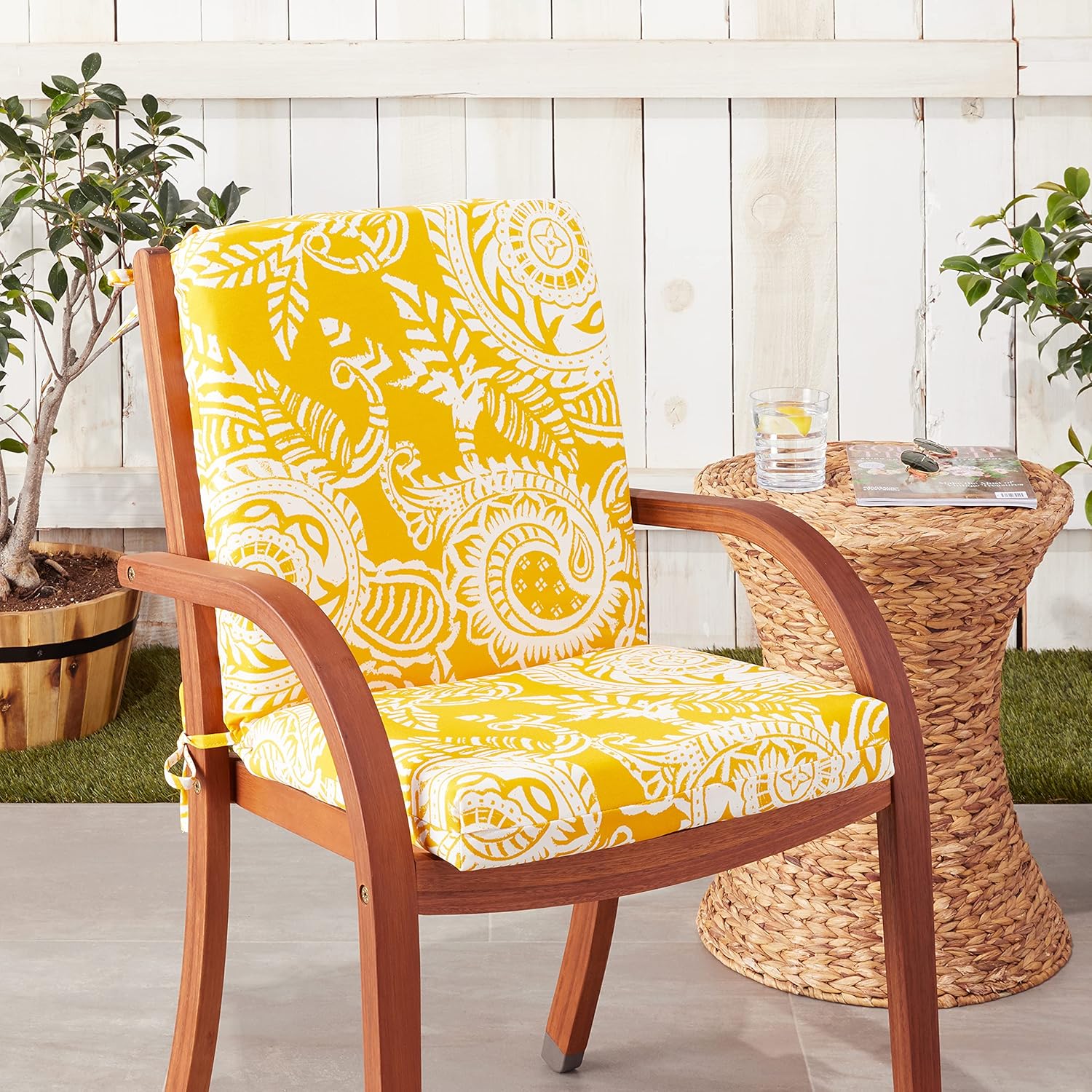 Pillow Perfect Paisley Indoor/Outdoor Solid Back 1 Piece Square Corner Chair Cushion with Ties, Deep Seat, Weather, and Fade Resistant, 36.5" x 18", Yellow/Ivory Addie,