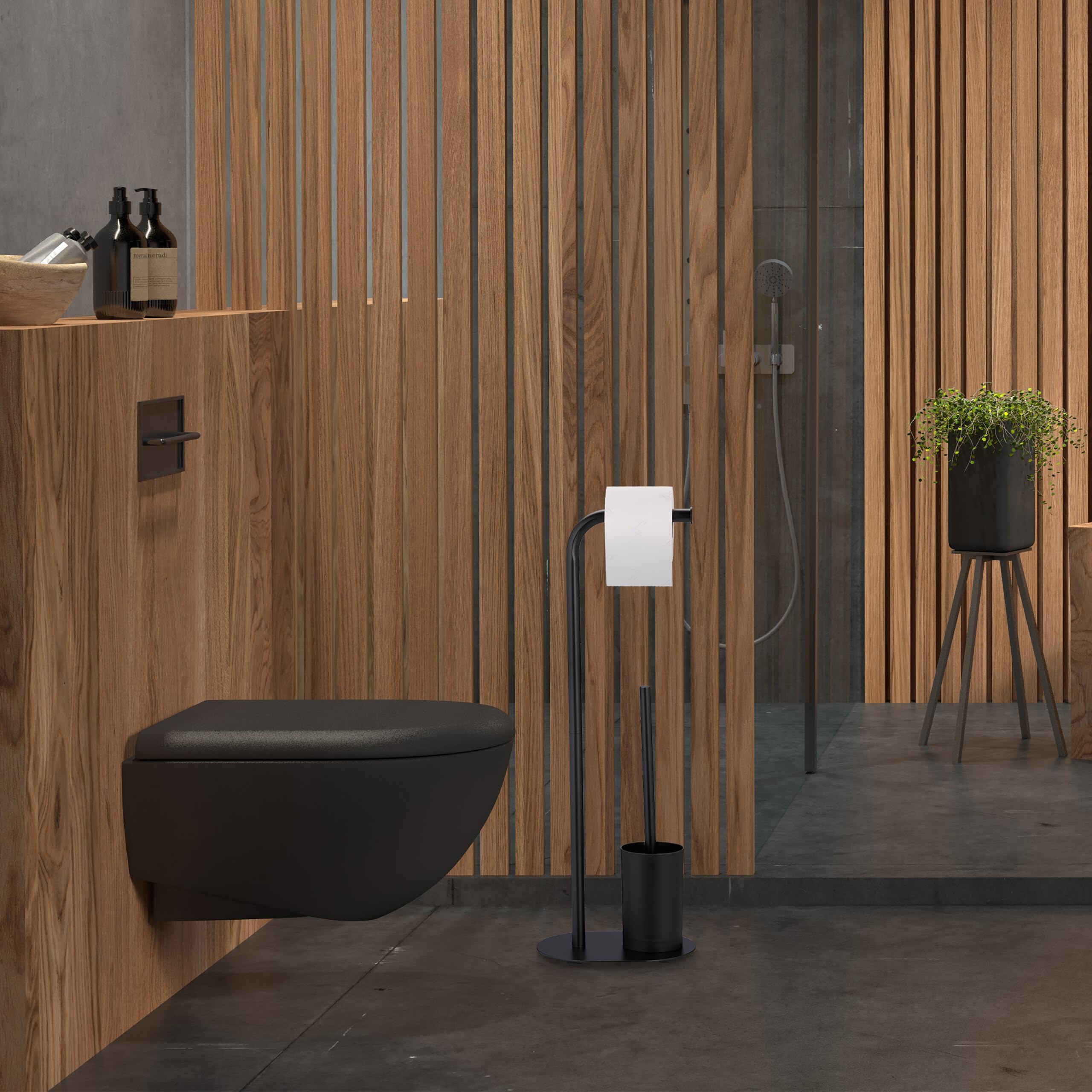 Relaxdays Piantana Portarotolo e Portascopino, HLP 64,5x23x17 cm Porta Scopino e Carta Igienica da Bagno, in Ferro, Nero