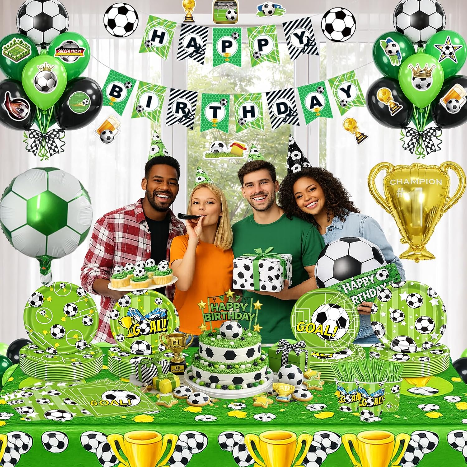 219pcs Soccer Birthday Party Decorations Set – Soccer Party Decorations Kit with Tablecloth, Banner, Napkins, Balloons, Stickers & Tableware – Soccer Themed Party Decorations Serves 24