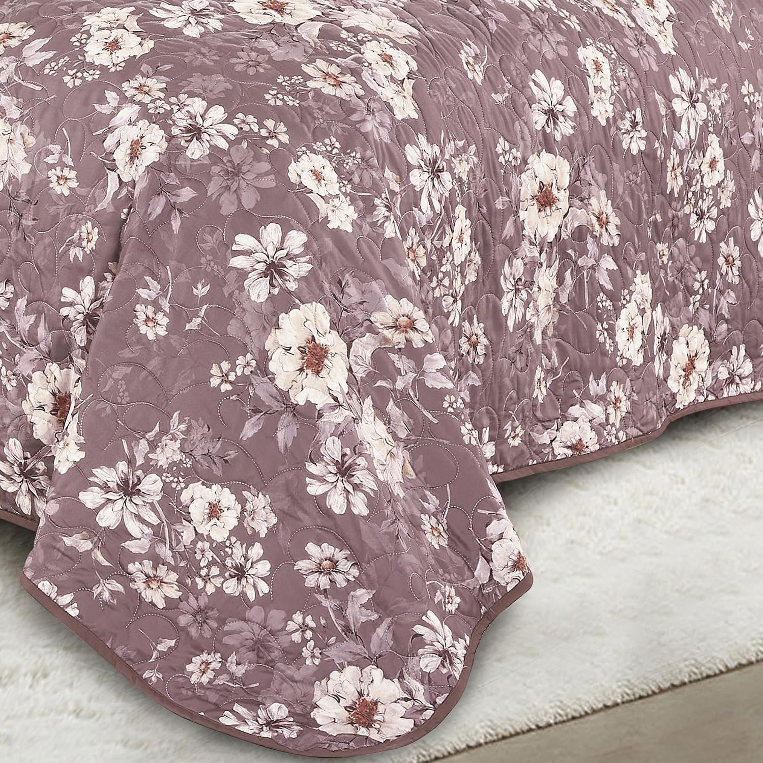 ESCA Purple Mauve Floral Quilt Set Queen 3 Piece Reversible Bedspread, Botanical Lightweight Coverlet Bedding