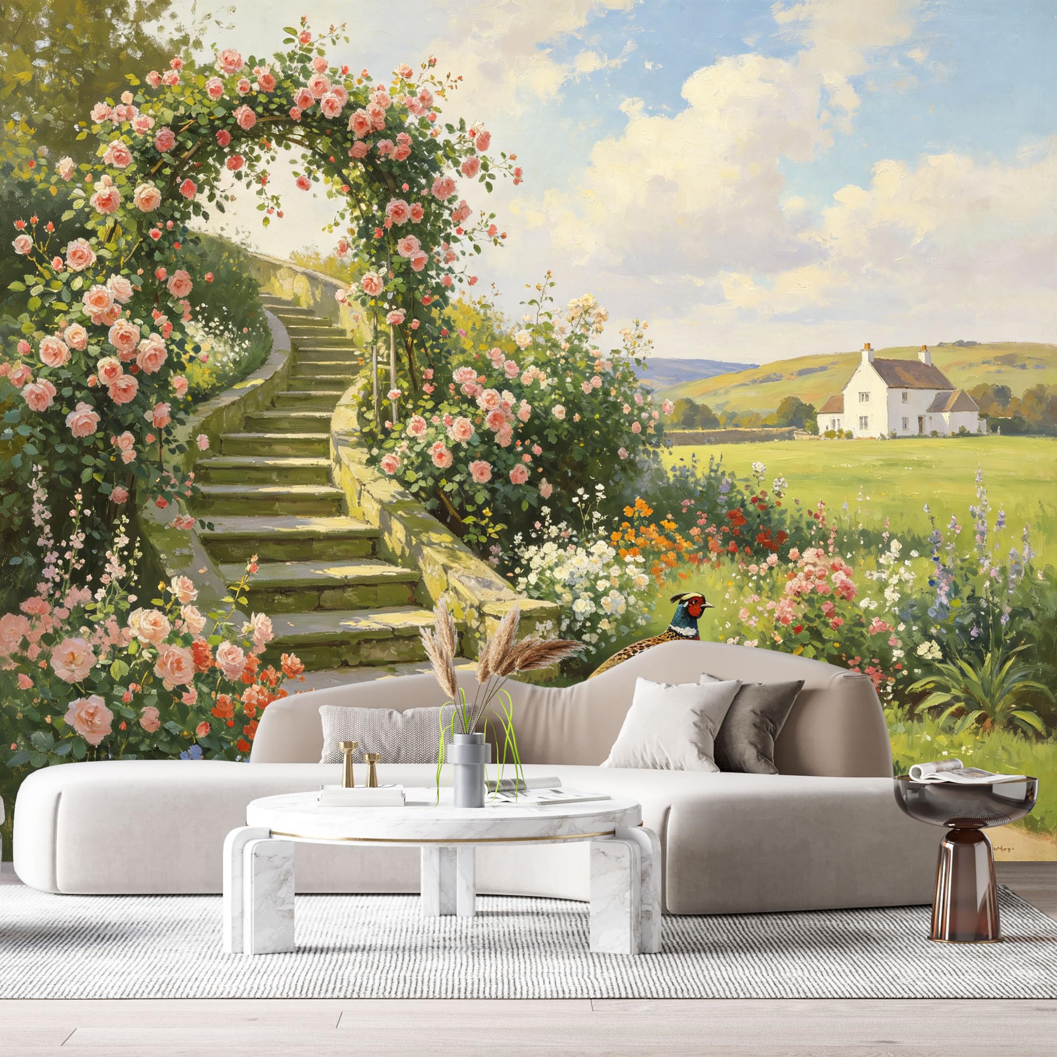 Custom Size Wall Murals Farmhouse American Country Oil Painting Stone Staircase Rose Arch Bird Rabbit SelfAdhesive Wall Fabric Removable Large Wallpaper for Living Room