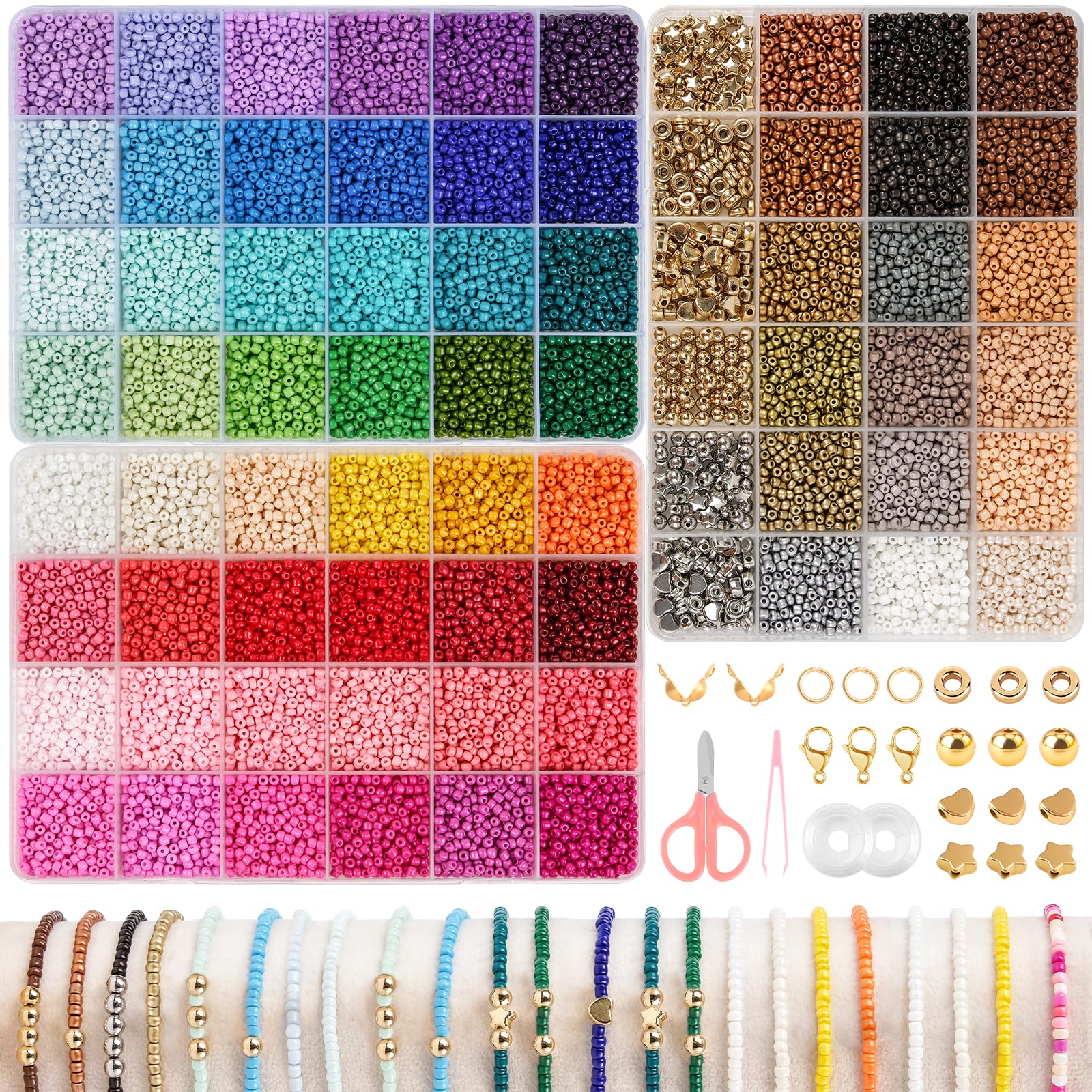 EUES 38000 stück Perlen für Armbänder 3mm Perlen zum Auffädeln 72 Farbe Perlen Set mit A - Z Buchstabenperlen,Perlen Set für Schmuckherstellung DIY Armbänder Halsketten Handwerk