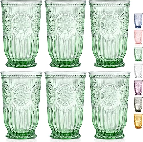 Yungala Juego de 6 vasos verdes Highball para agua o cócteles, vasos verdes de diseño vintage