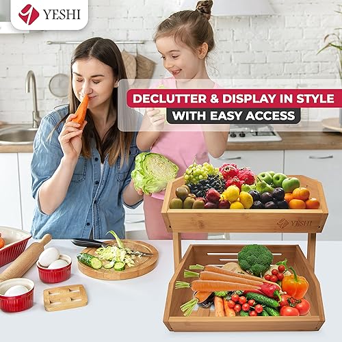 Miniatura 5 de YESHI Cesta de frutas de bambú para encimera de cocina, soporte de frutas de 2 niveles de 11 pulgadas de alto para almacenamiento de frutas y