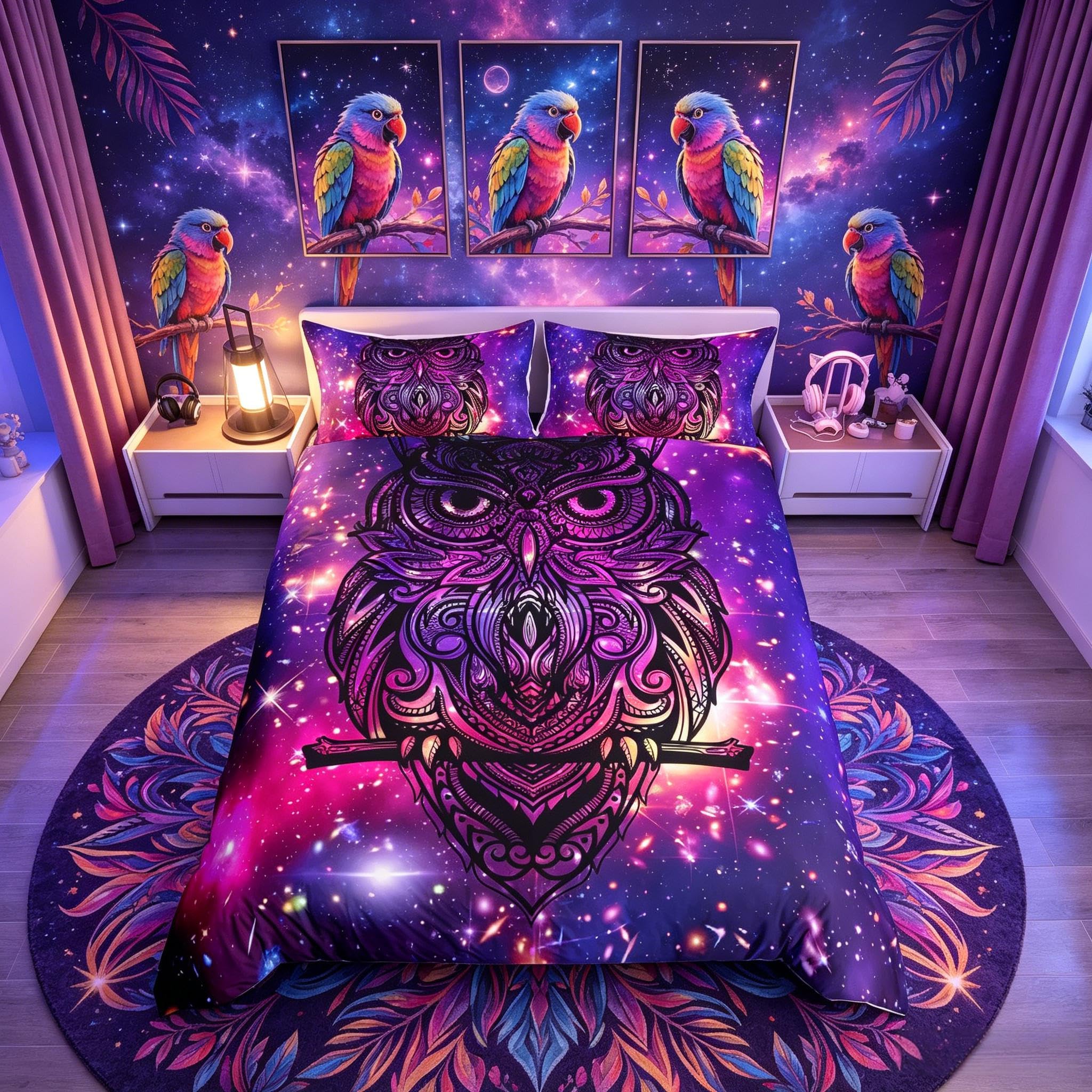 Loussiesd Galaxy Owl Bedding Set - Boho Duvet Cover Set for Kids, Boys, Girls - Single Bedclothes With Outer Space Animal Print - Colorful Bedroom Decor Collection - 2 Pieces — image 1