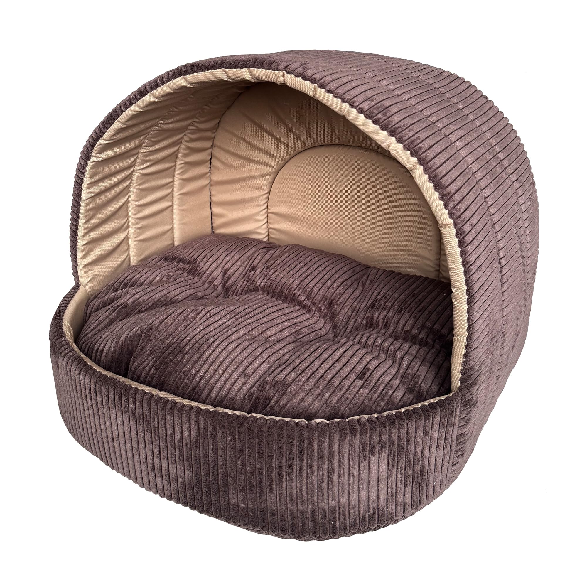 Hundehöhle und Katzenhöhle 63 x 53 cm - Weiches Hundebett und Katzenbett mit Cord-Struktur - Kuscheliger Rückzugsort für kleine Hunde, Welpen und Katzen - Braun