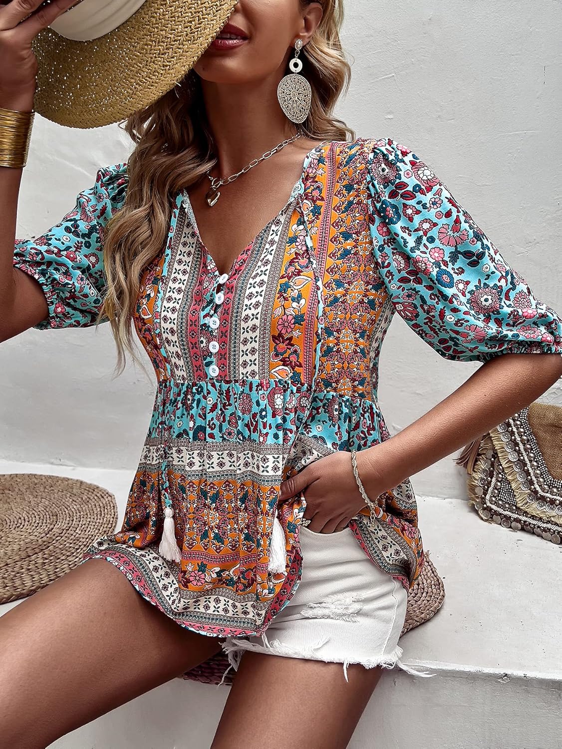 KAYWIDE Women's Casual Boho V Neck Top Loose Floral Printed Long Sleeve Beach Shirts Blouses - Image 3