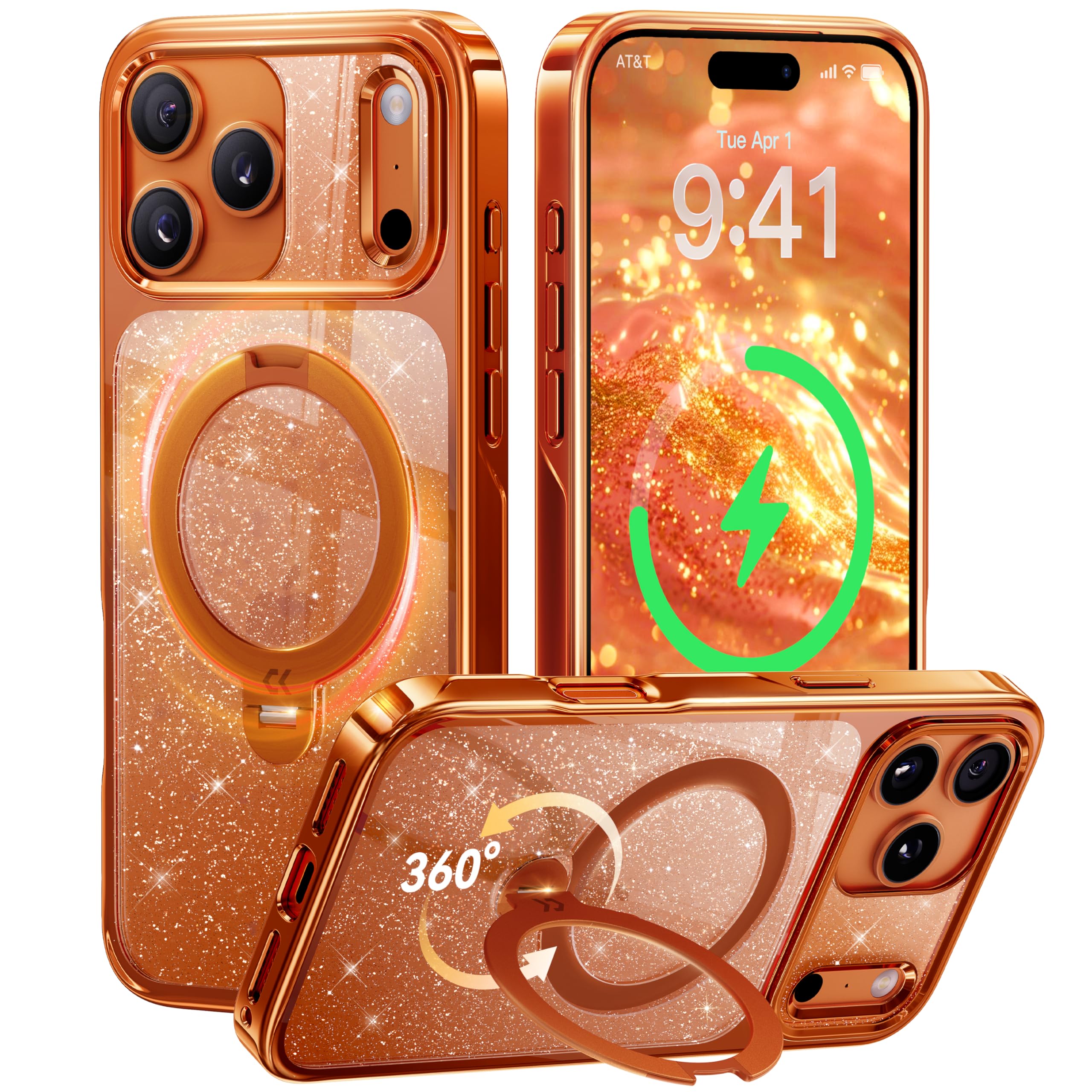 CASEKOO Orange Glitter for iPhone 17 Pro Max Case with 360