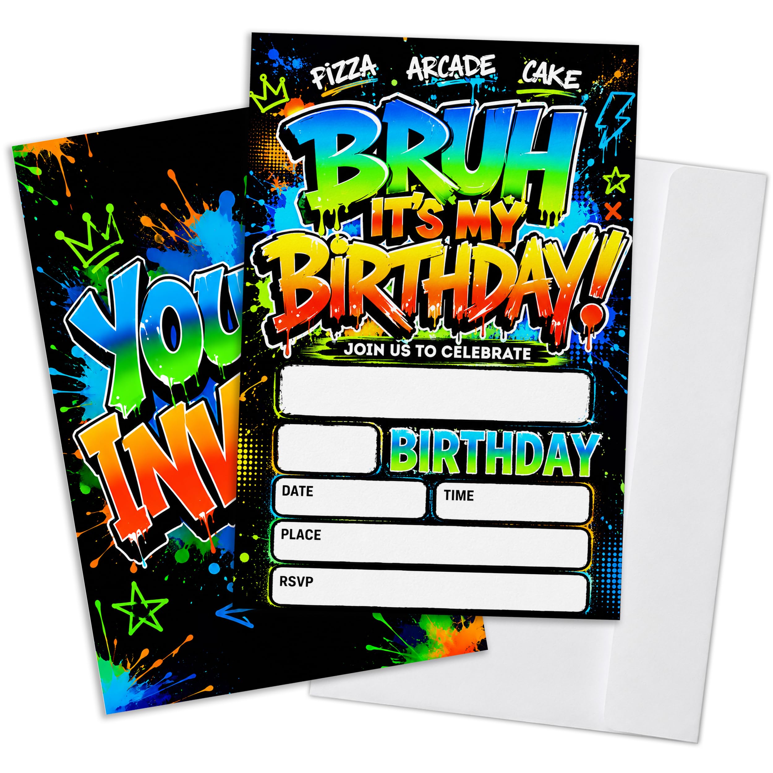 Qoamp Bruh Boys Birthday Invitations, Neon Games Birthday Party Invitations for Boys, Set of 20 Invites Cards Fill in Blank with Envelopes, Double Sided, 4x6 Inches