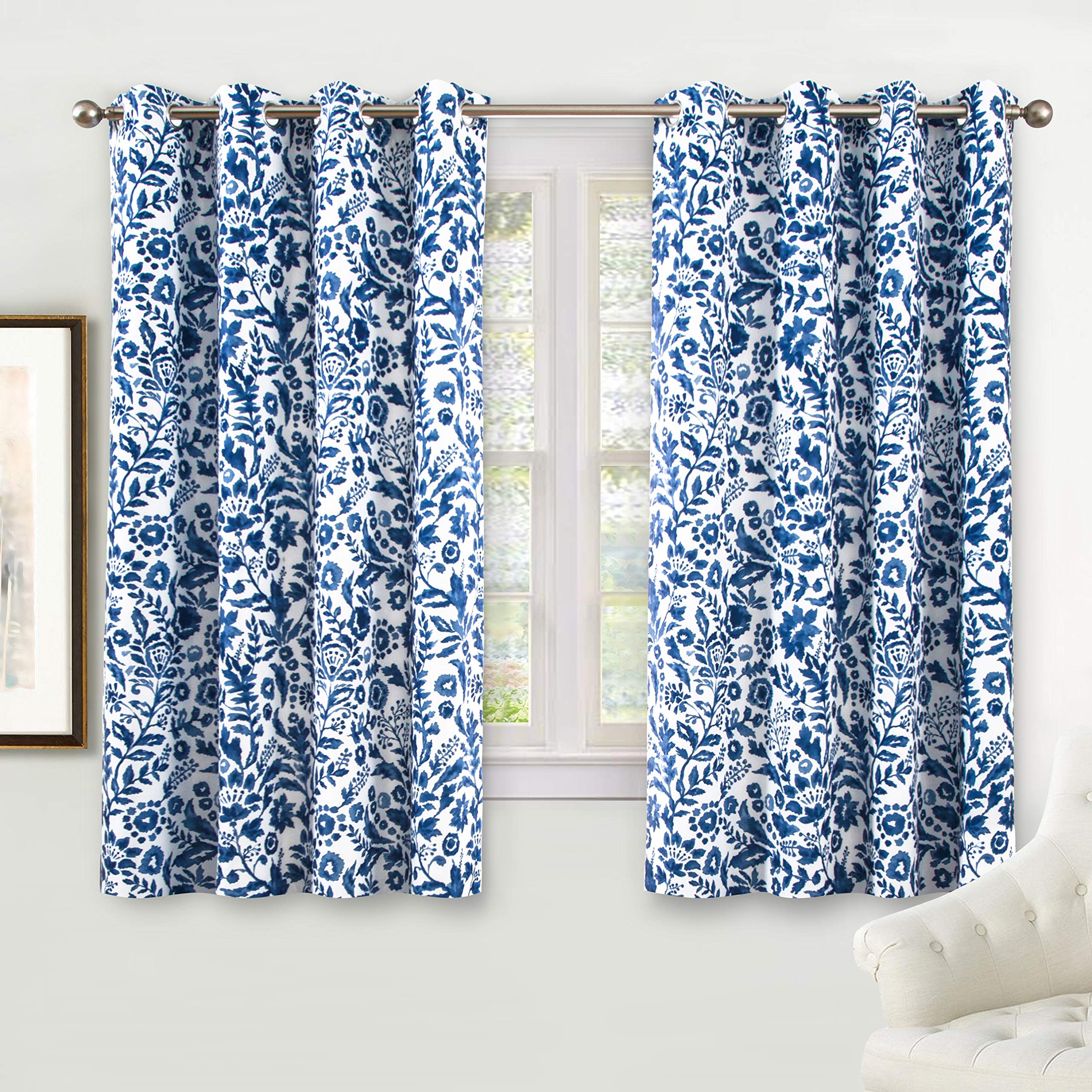 DriftAway Julia Blackout Curtains for Bedroom Navy Floral Watercolor Pattern Double Layer Thermal Insulated Sound Reducing Room Darkening Drapes for