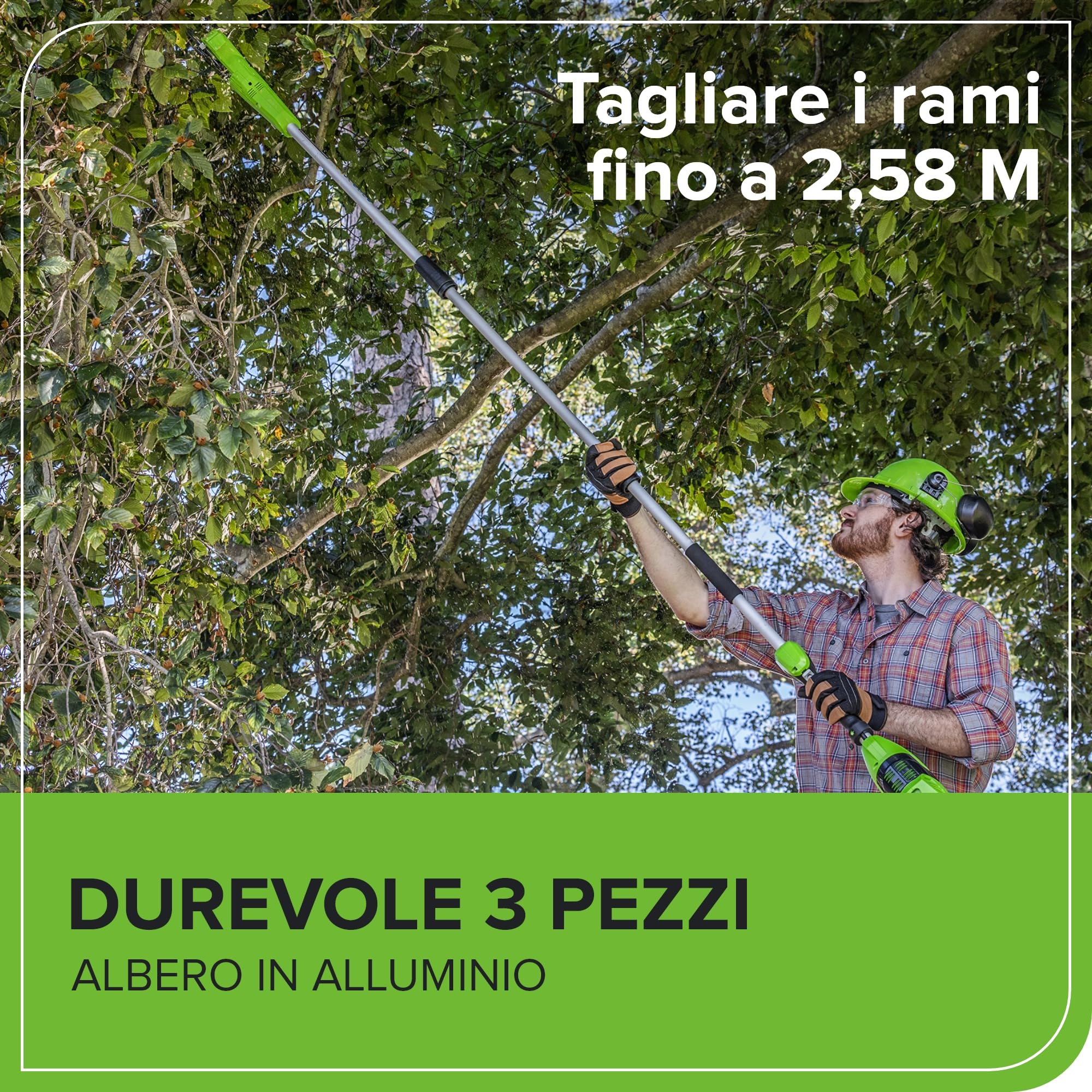 Greenworks G40PSFK2 Sega ad Asta a Batteria, Lunghezza Barra 8 Pollice (20cm), Velocità Catena 8m/s, 3,64kg, Auto-Lubrificante, Asta 2.58m, Batteria 40V 2Ah e Caricabatterie, Garanzia 3 Anni