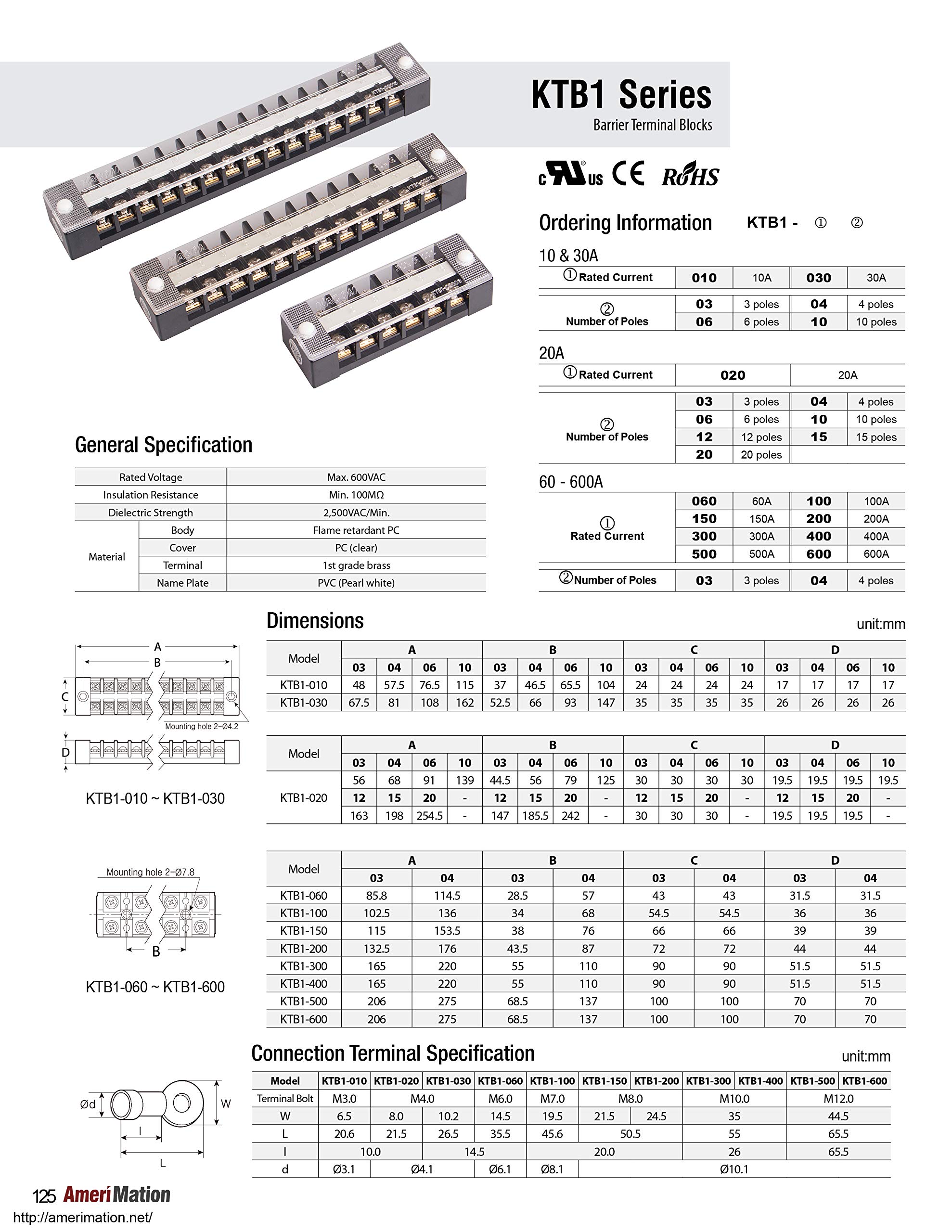 KTB1-02006, Barrier Terminal Block, 6 Poles, 600VA 20A, M4 Screw, L91xW30xH19.5mm, Flame Retardant Polycarbonate