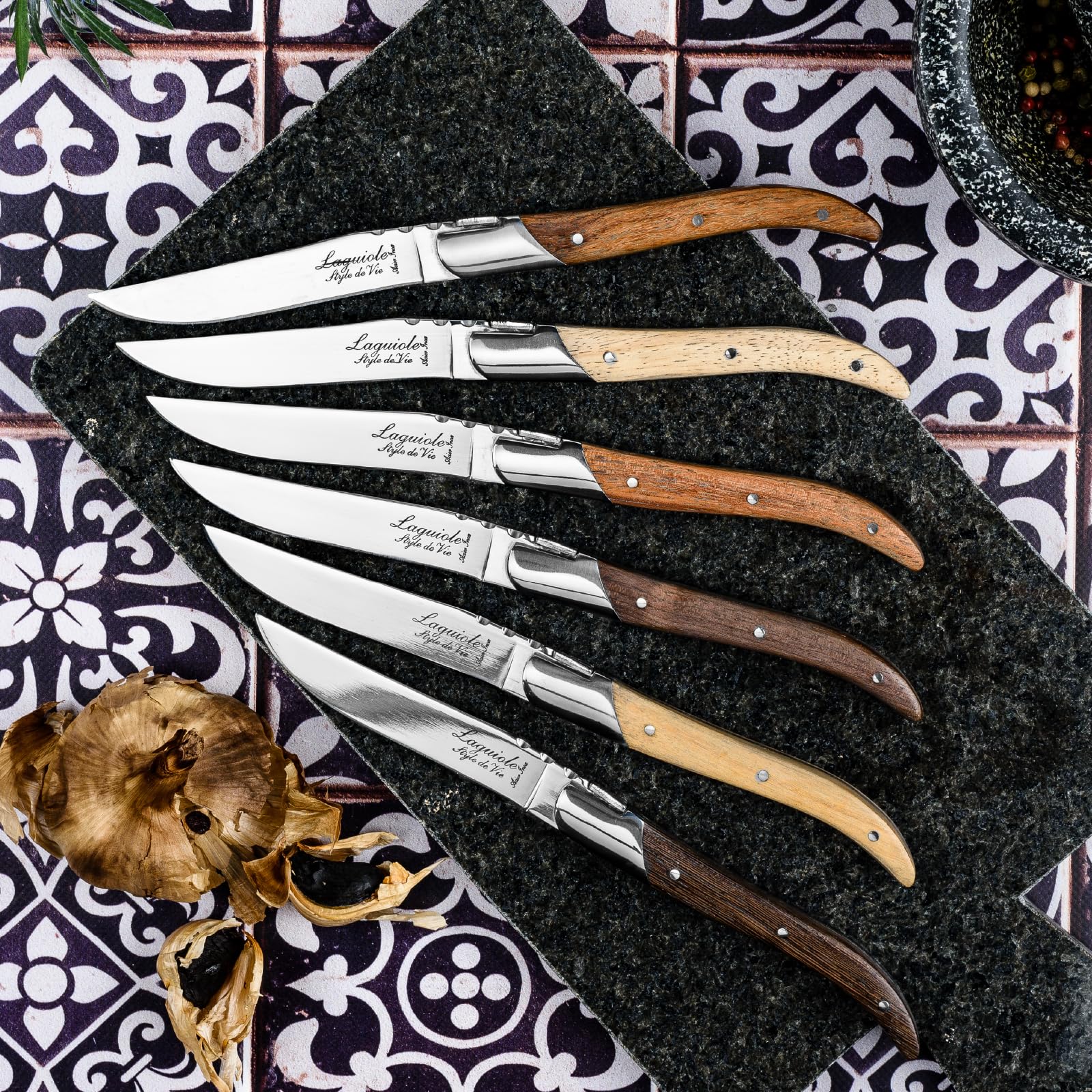 Laguiole Style de Vie - Cuchillos para carne - Línea Luxury - 6 unidades - Mango de madera mixta