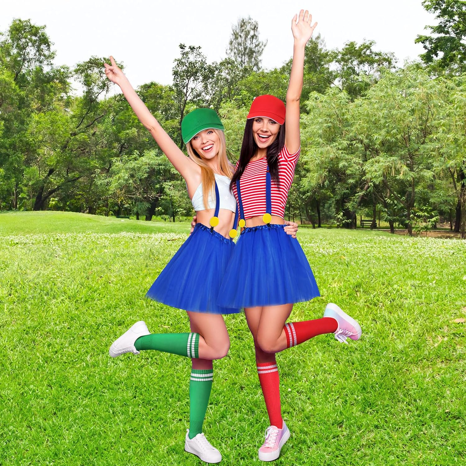 HooLing 2 Set Halloween Cosplay Costume for Women Twins Blue Tutu Skirt Suspenders Red & Green Stockings Baseball Cap Yellow Brooch for Adult Halloween Cosplay - Image 5