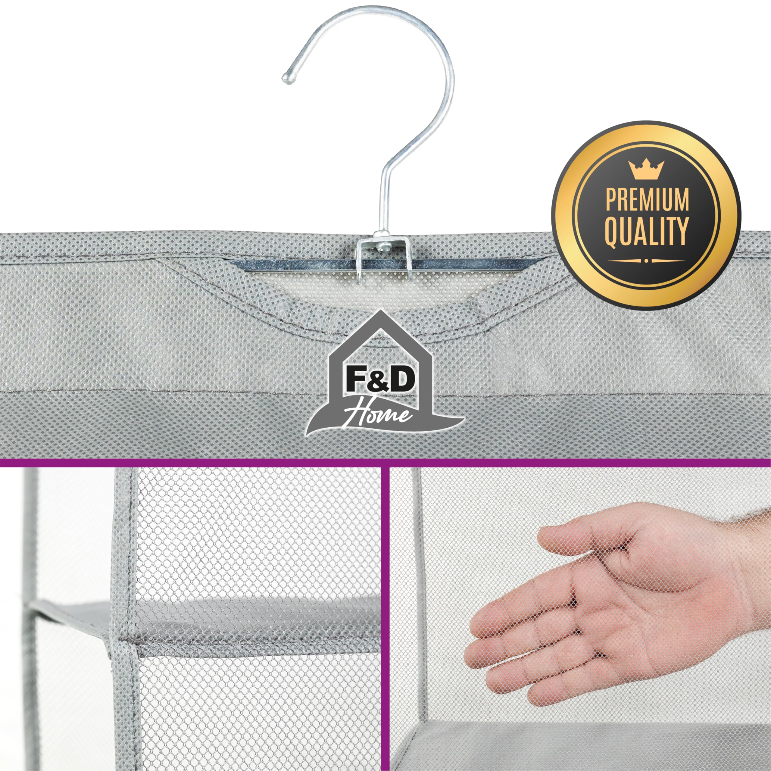 F&D Home Organizzatore Armadio per Borse, in Tessuto Non Tessuto e Rete, Grigio, 110x40x16 cm, Porta Borse da Armadio Salvaspazio Set da 2