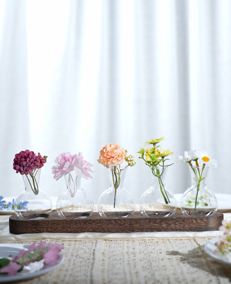 Station De Bouturage En Verre Avec Cadre En Bois - Terrarium Décoratif Pour Plantes Hydroponiques - 3 Vases Inclus