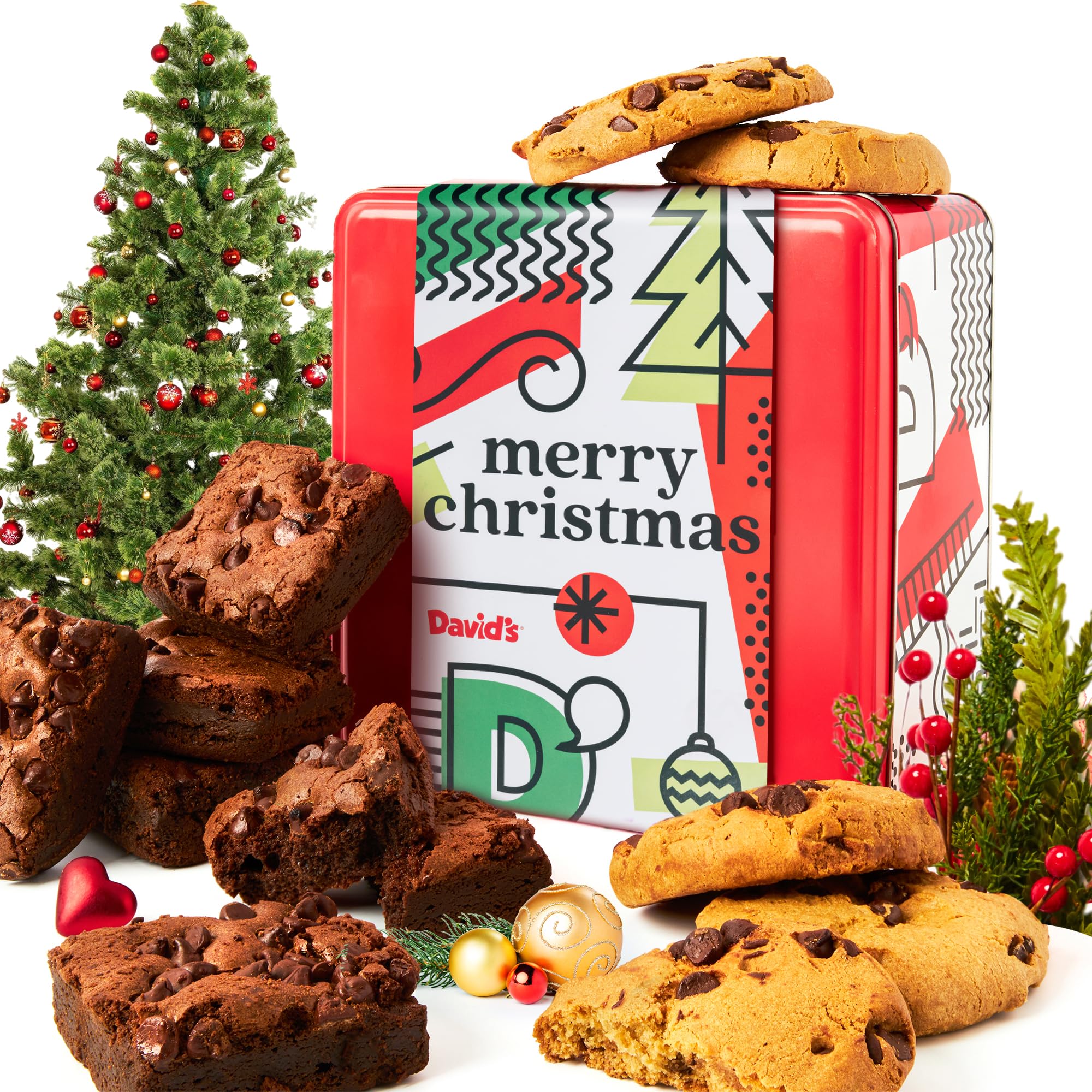 David’s Cookies Gluten-Free Assorted Cookies and Brownies Combo in Merry Christmas Tin – Fresh Baked Gourmet Holiday Treat – Ideal Gift for the Season or Any Occasion