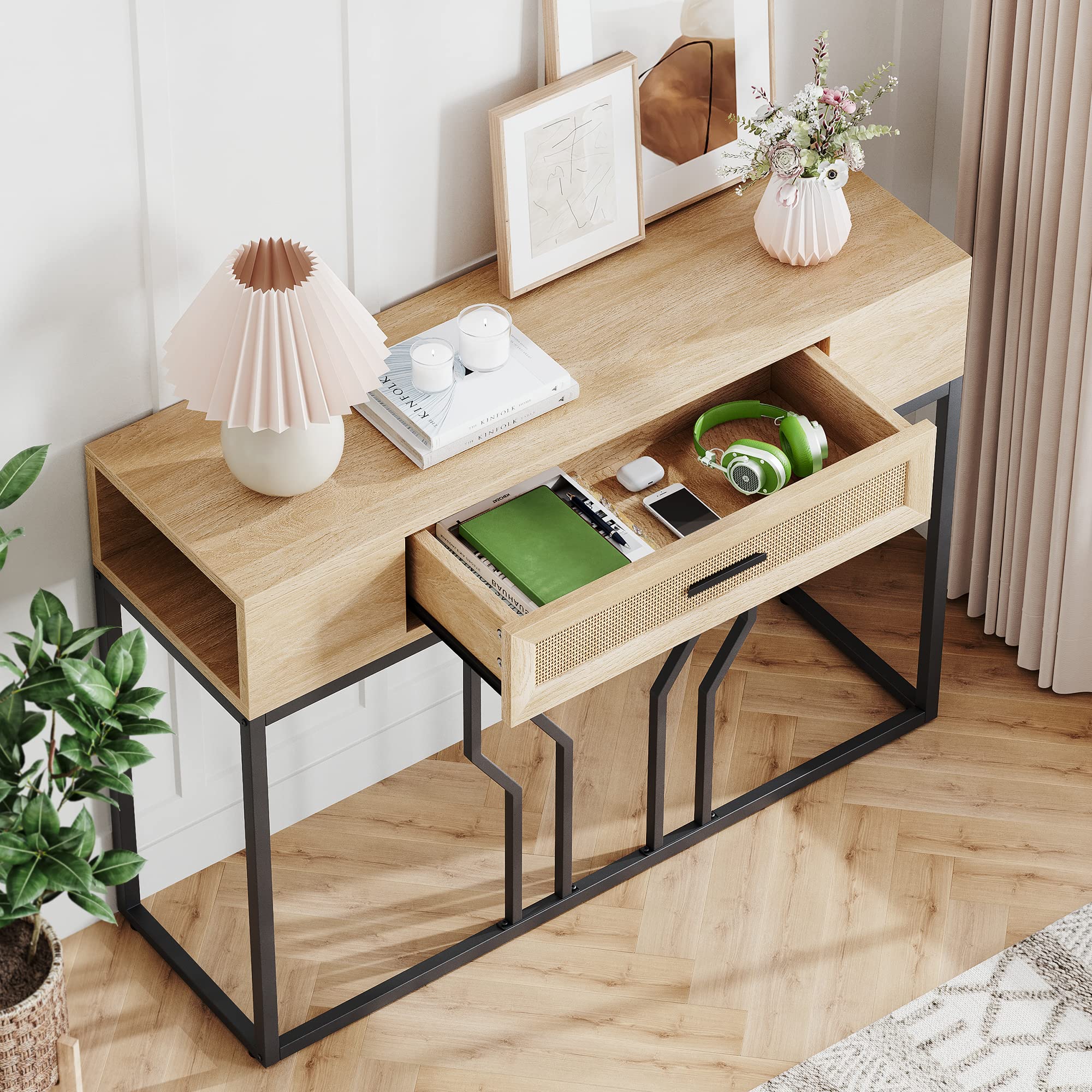 Rattan Console Table, Sofa Tables Narrow Entryway Table with Drawer and