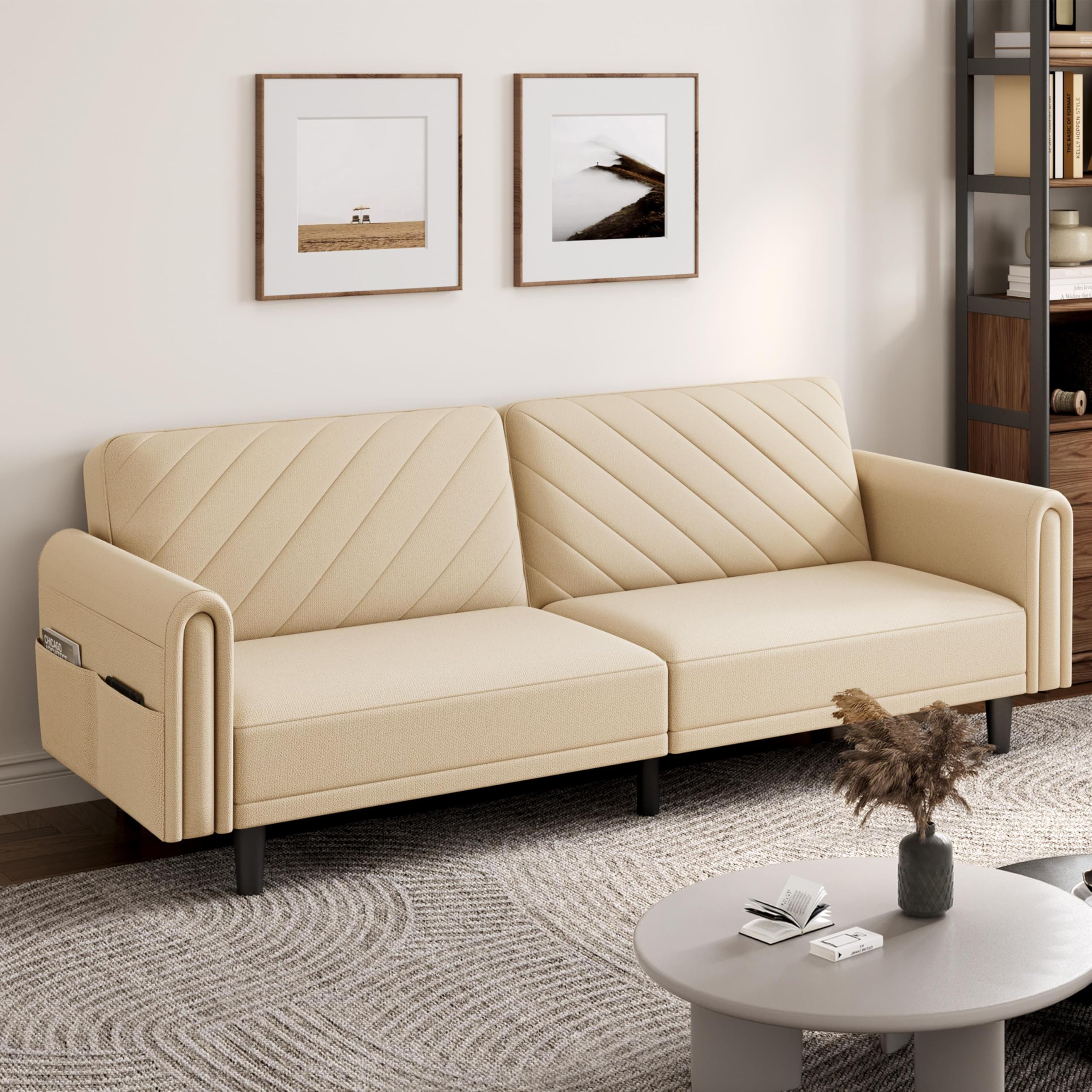 Yaheetech Divano letto largo 200 cm, divano 2/3 posti con funzione sonno, divano letto con 3 angoli regolabili, ideale per soggiorno, Beige