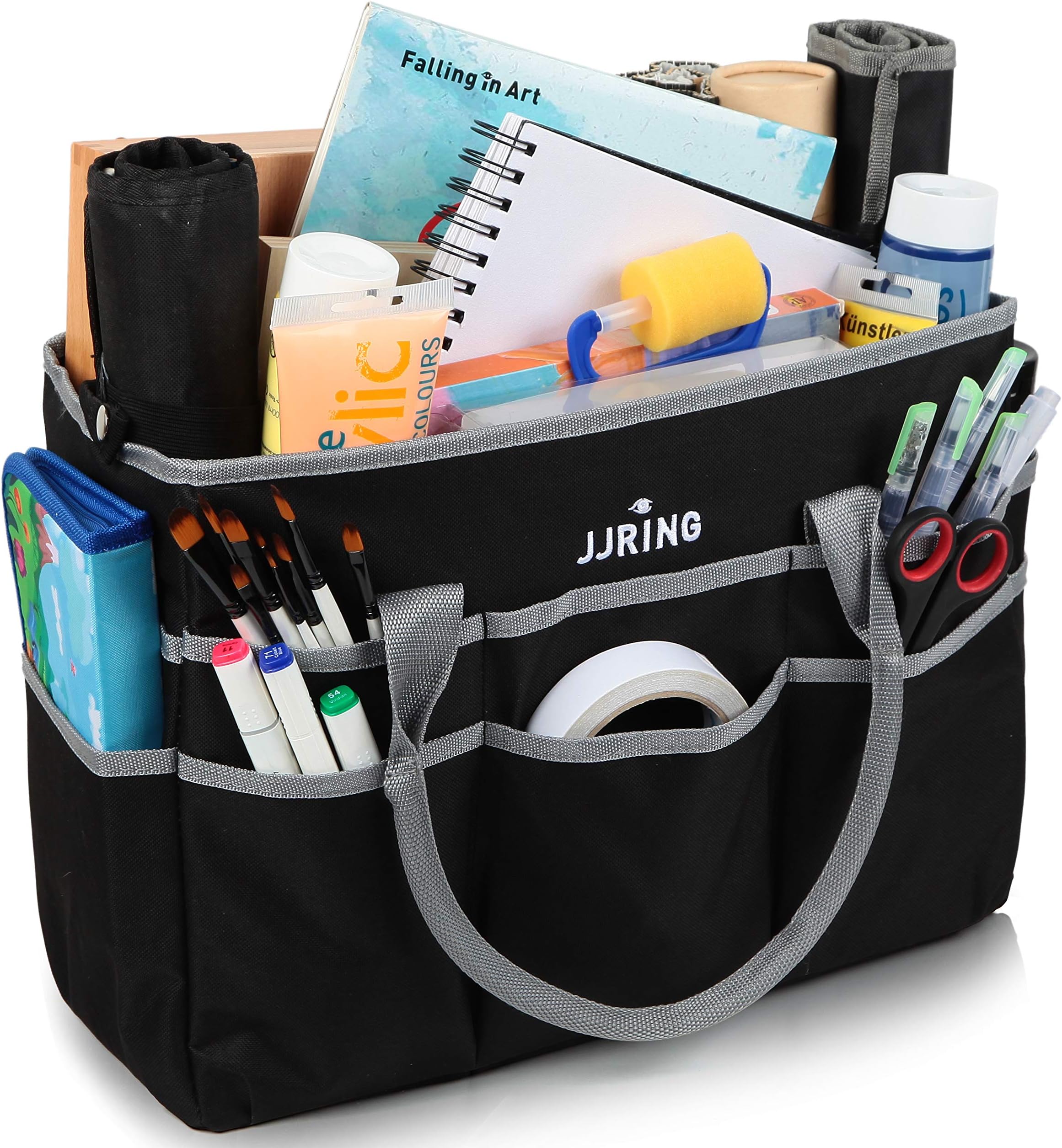 JJRING Large Craft Carrying Bag, Nylon Fabric Artist Tote Bag with 16 Pockets for Art, Sewing or School, Office Supplies Organizer, Silver