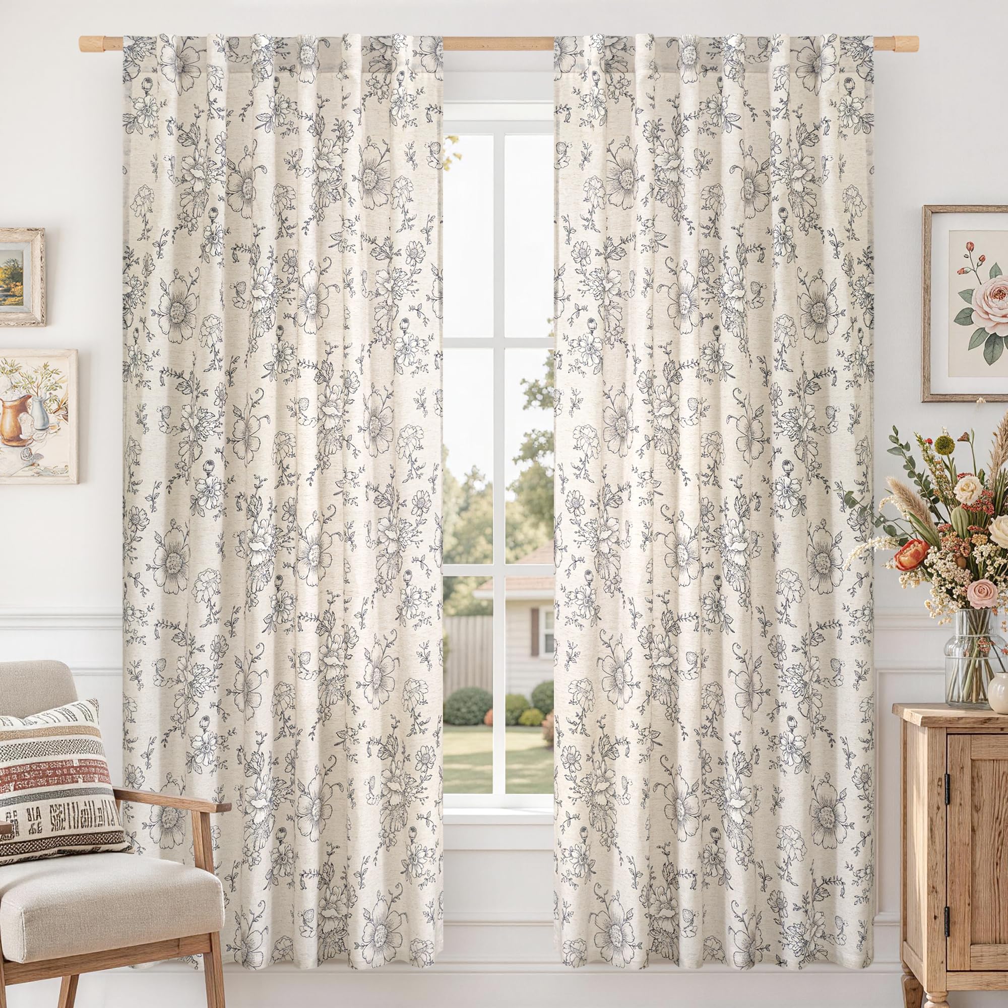Vintage Floral Linen Curtains - 84 Inch Panels -26