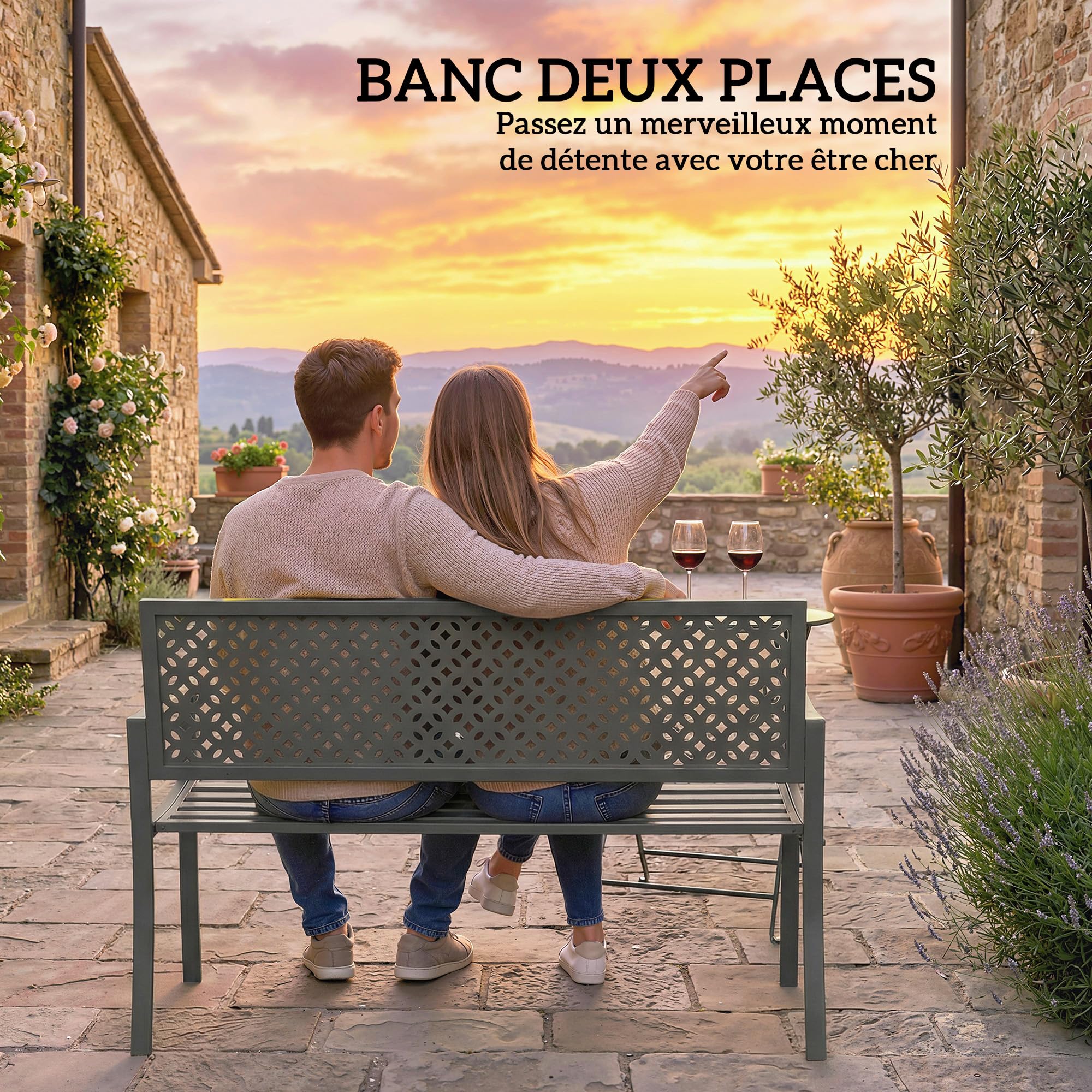 Outsunny Banc d'extérieur en métal, Banc 2 Places avec Dossier géométrique antirouille et accoudoirs, siège de Patio pour Balcon, terrasse, Parc, Gris foncé