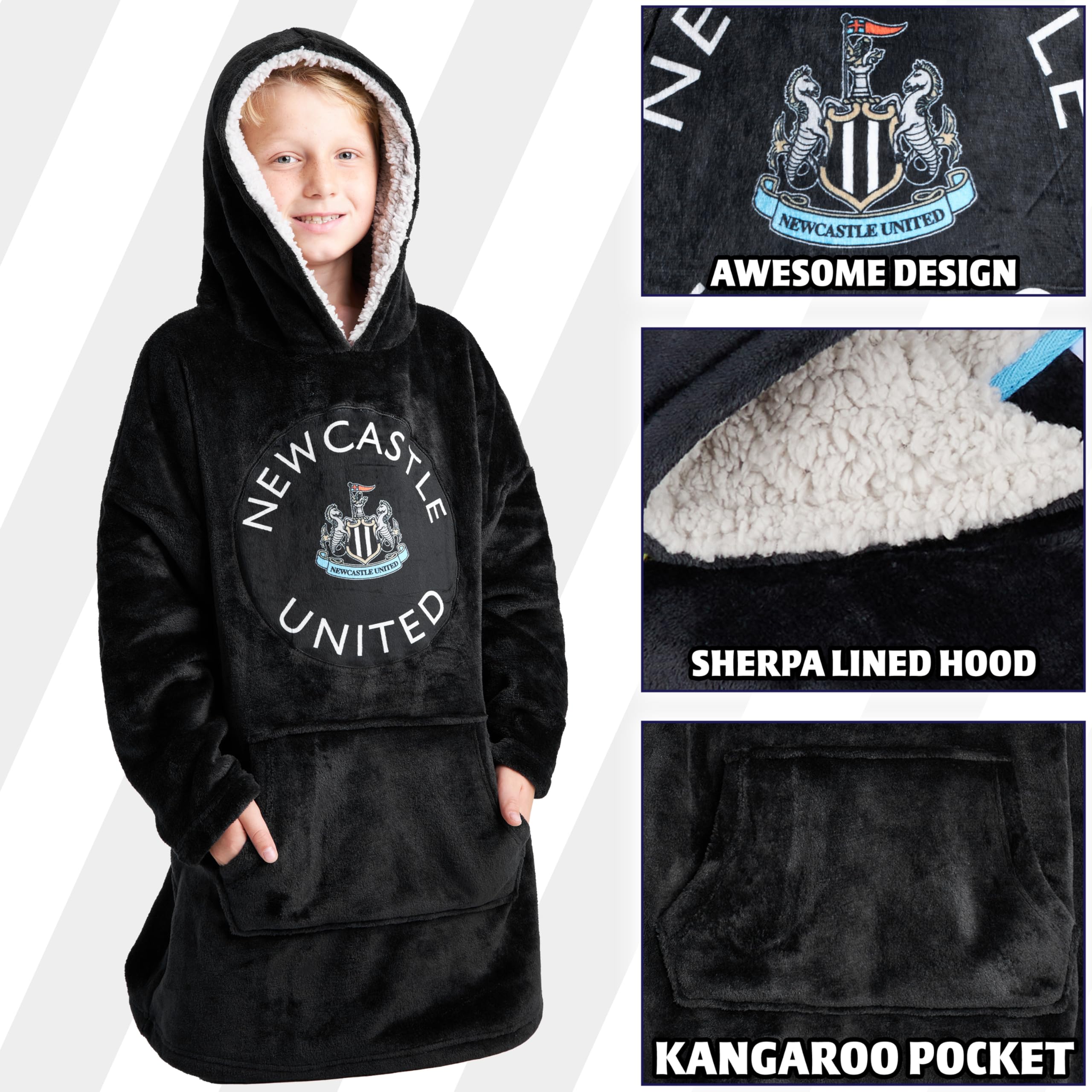 Newcastle United F.C. chłopięca bluza z kapturem oversize, przytulne, ponczo dla chłopców, czarne