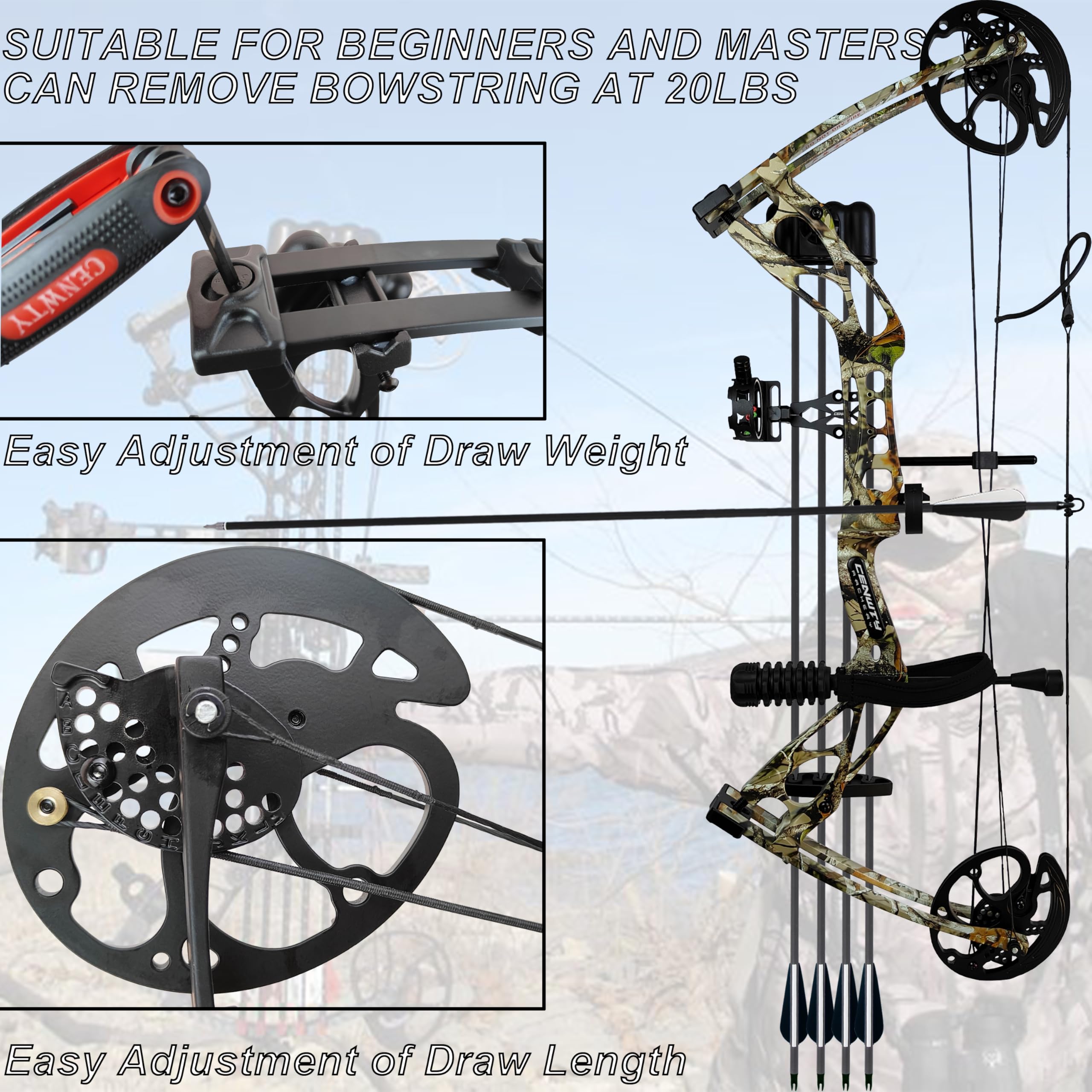 Bogenschießen Compoundbogen-Set 0-70 LBS, Auszugslänge 16,5-30“, IBO 325 fps, Jagd Compoundbogen mit sämtlichem Zubehör für Bogenschießen, Jagd und Zielschießen RTH